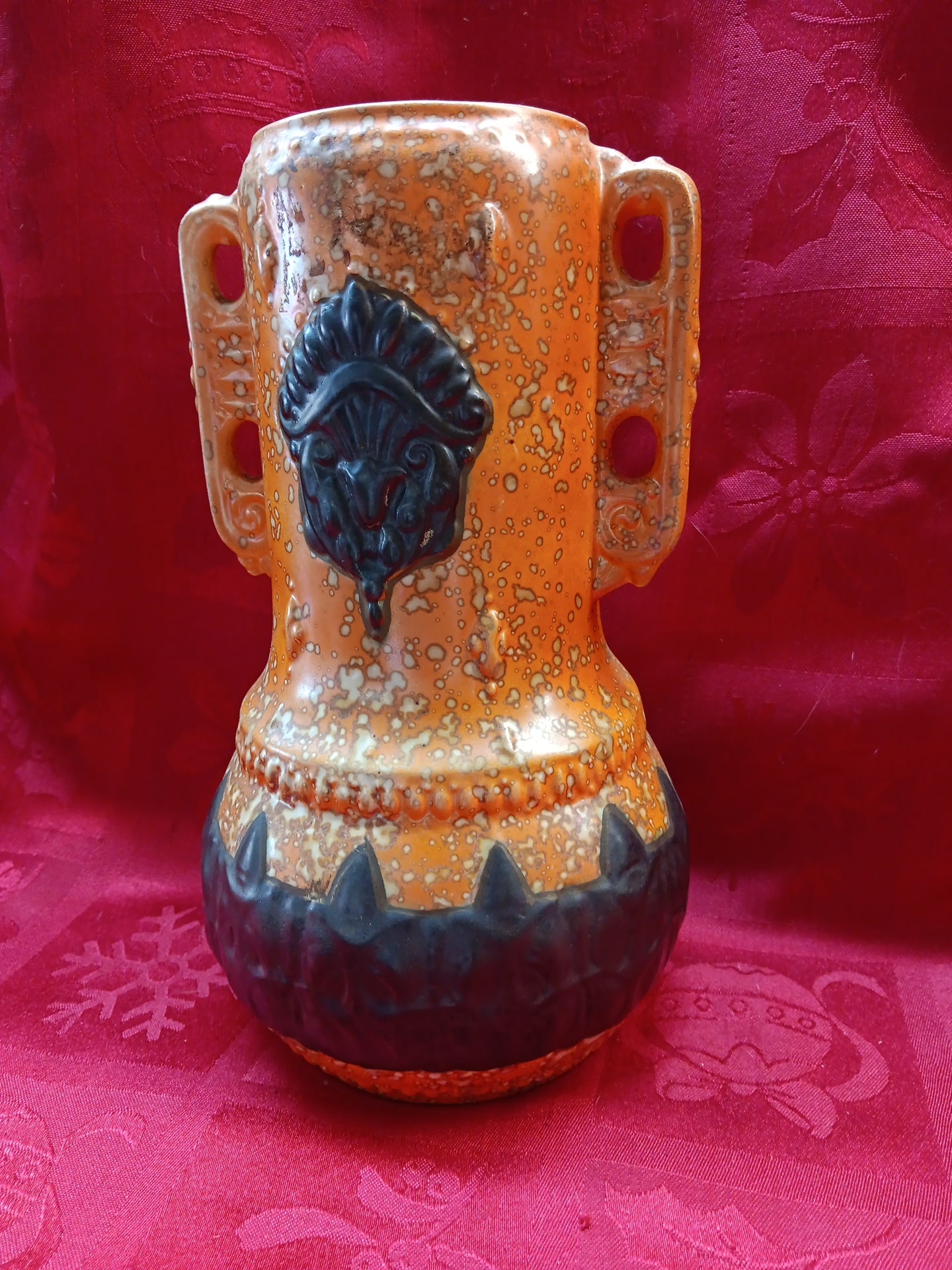 Czech Alienware 2 handled Vase in Black & Orange Art Deco Art Pottery-Jantiques LLC.