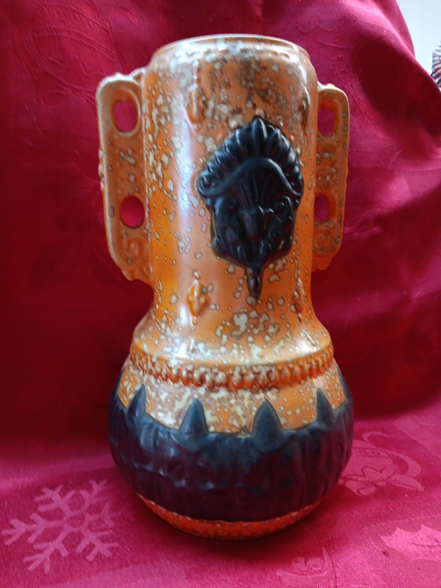 Czech Alienware 2 handled Vase in Black & Orange Art Deco Art Pottery-Jantiques LLC.