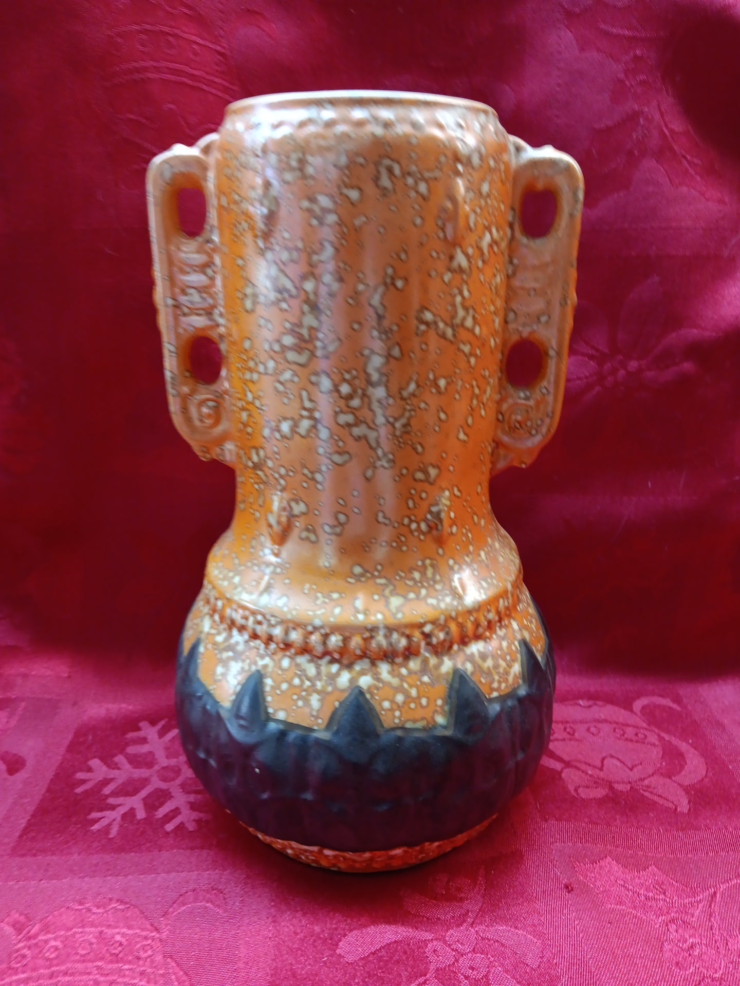 Czech Alienware 2 handled Vase in Black & Orange Art Deco Art Pottery-Jantiques LLC.