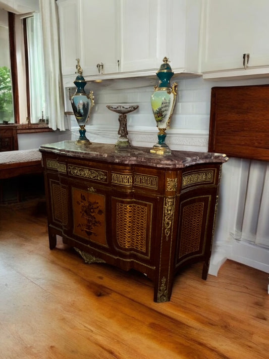 Marble top French Floral Inlaid Sideboard