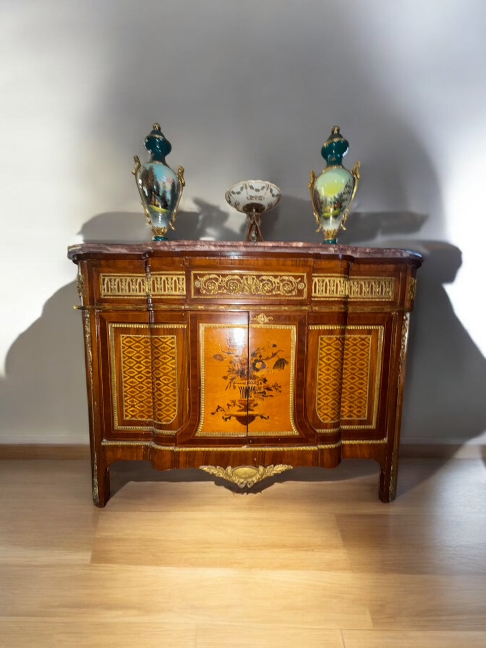 Marble top French Floral Inlaid Sideboard