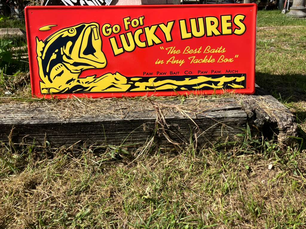 Vintage-Style "Go For Lucky Lures" Fishing Bait  Sign