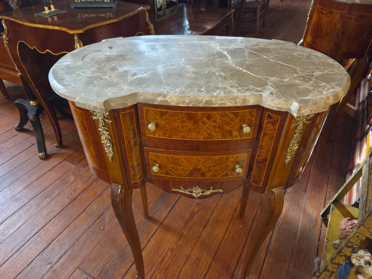 Pair of Marble Top 2 Drawers French Kidney Side Tables