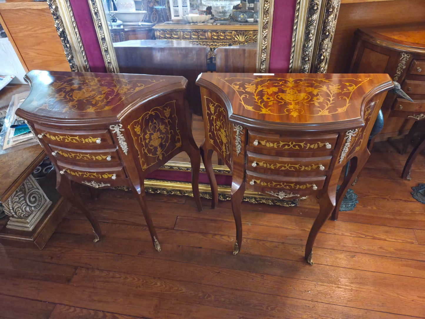 Pair Of Louis XV Style Floral Marquetry Accent Commode