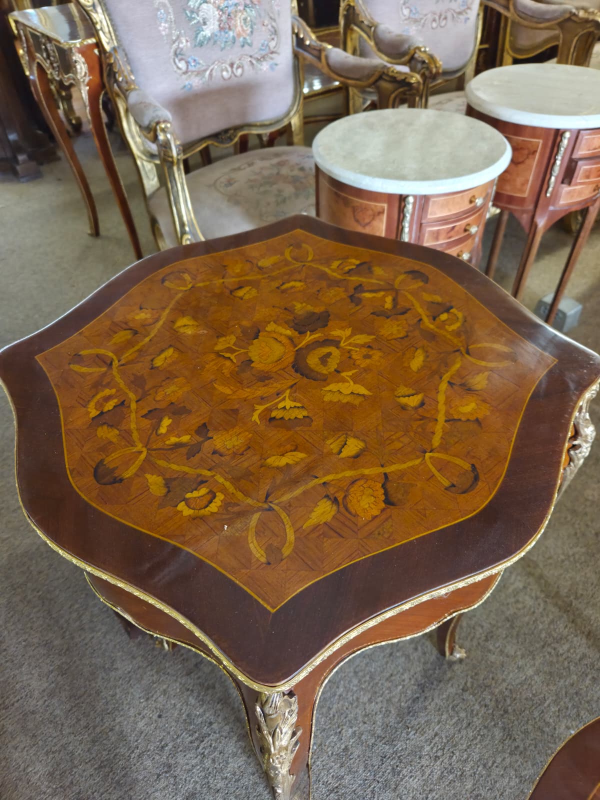 Louis XV Style Marquetry Coffee Table and 2 end tables