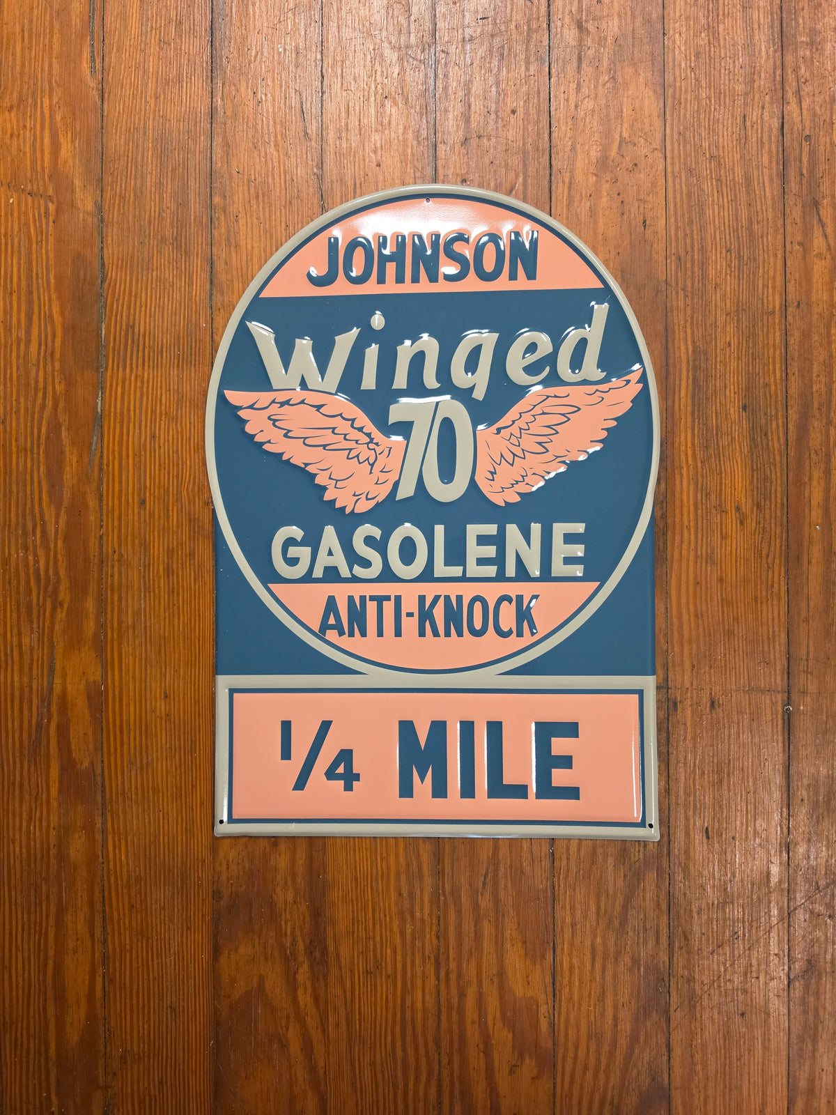 Johnson Winged 70 Gasolene metal sign
