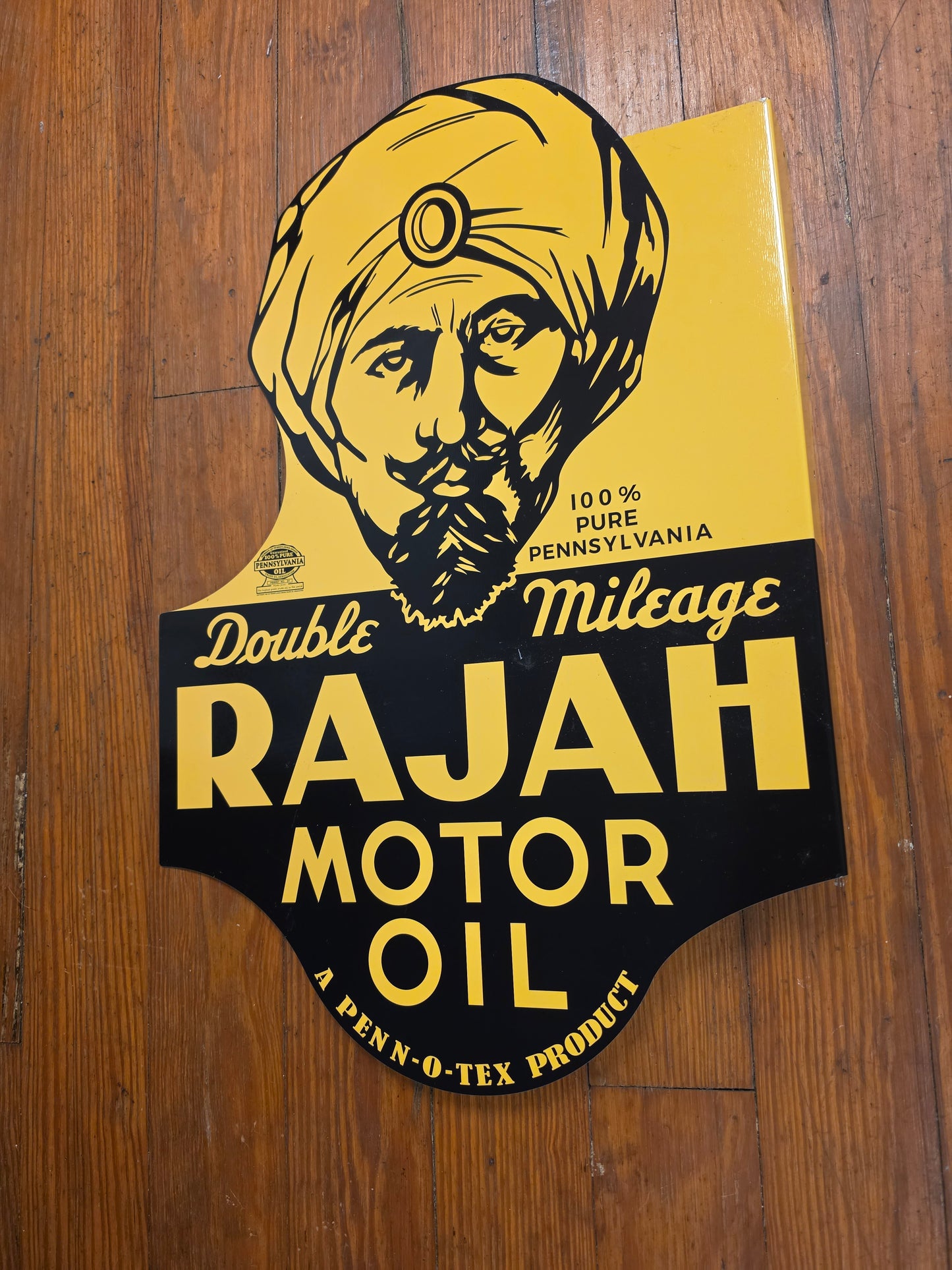 Rajah Motor Oil. Metal sign with mounting flange Double sided
