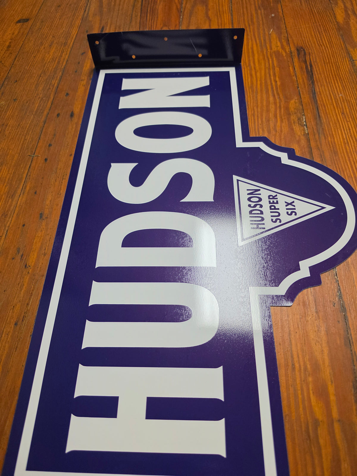 Hudson Super Six metal sign. Double sided with mounting flange