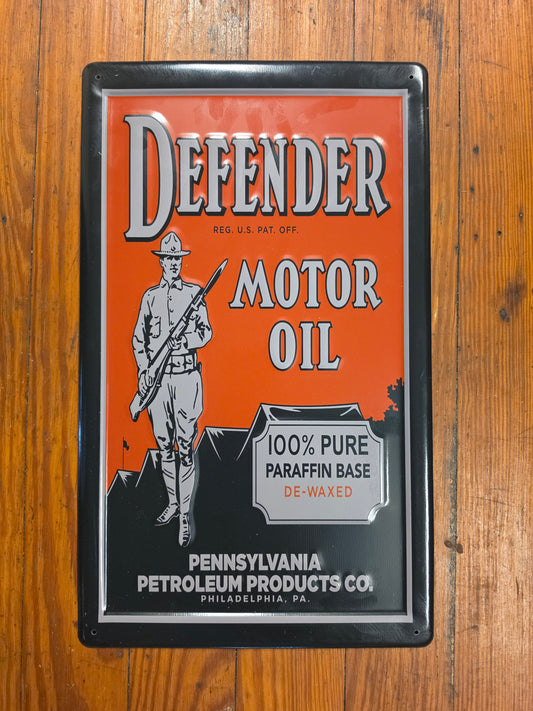 Defender Motor Oil metal sign