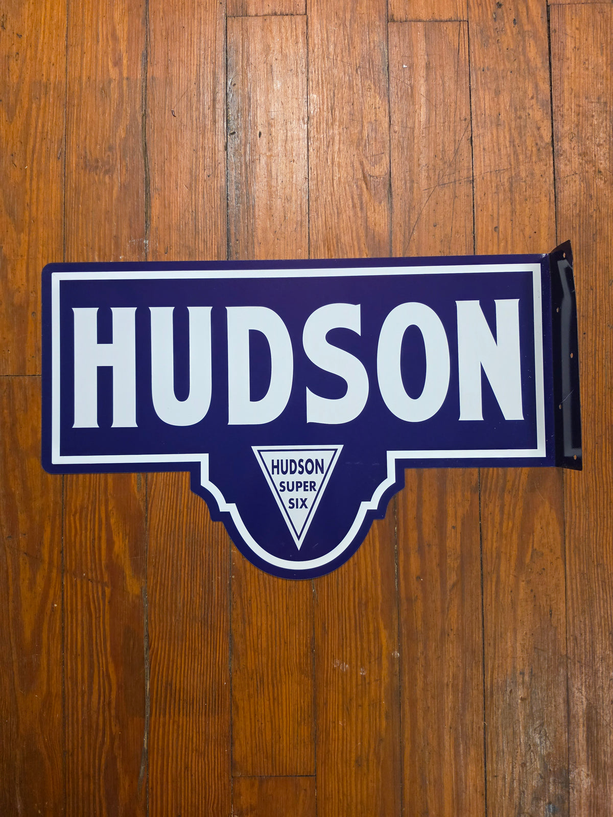 Hudson Super Six metal sign. Double sided with mounting flange