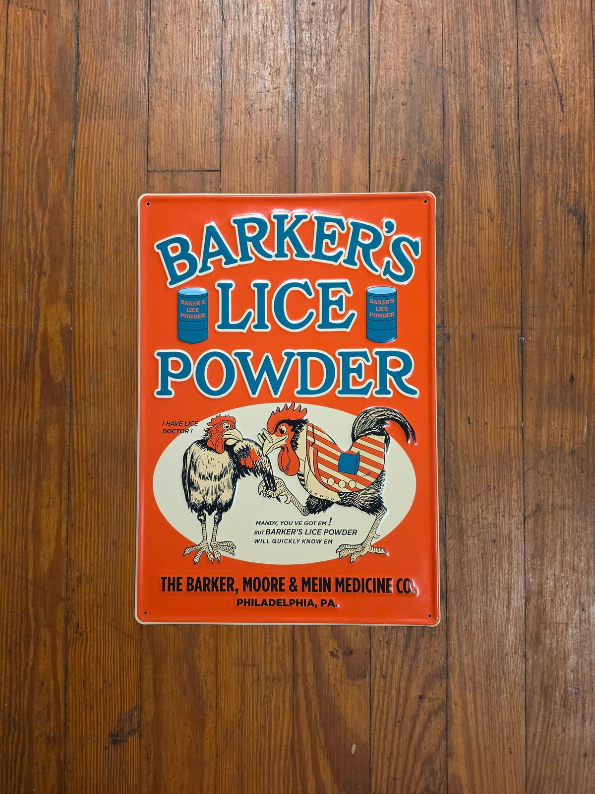 Barker's Lice Powder metal sign