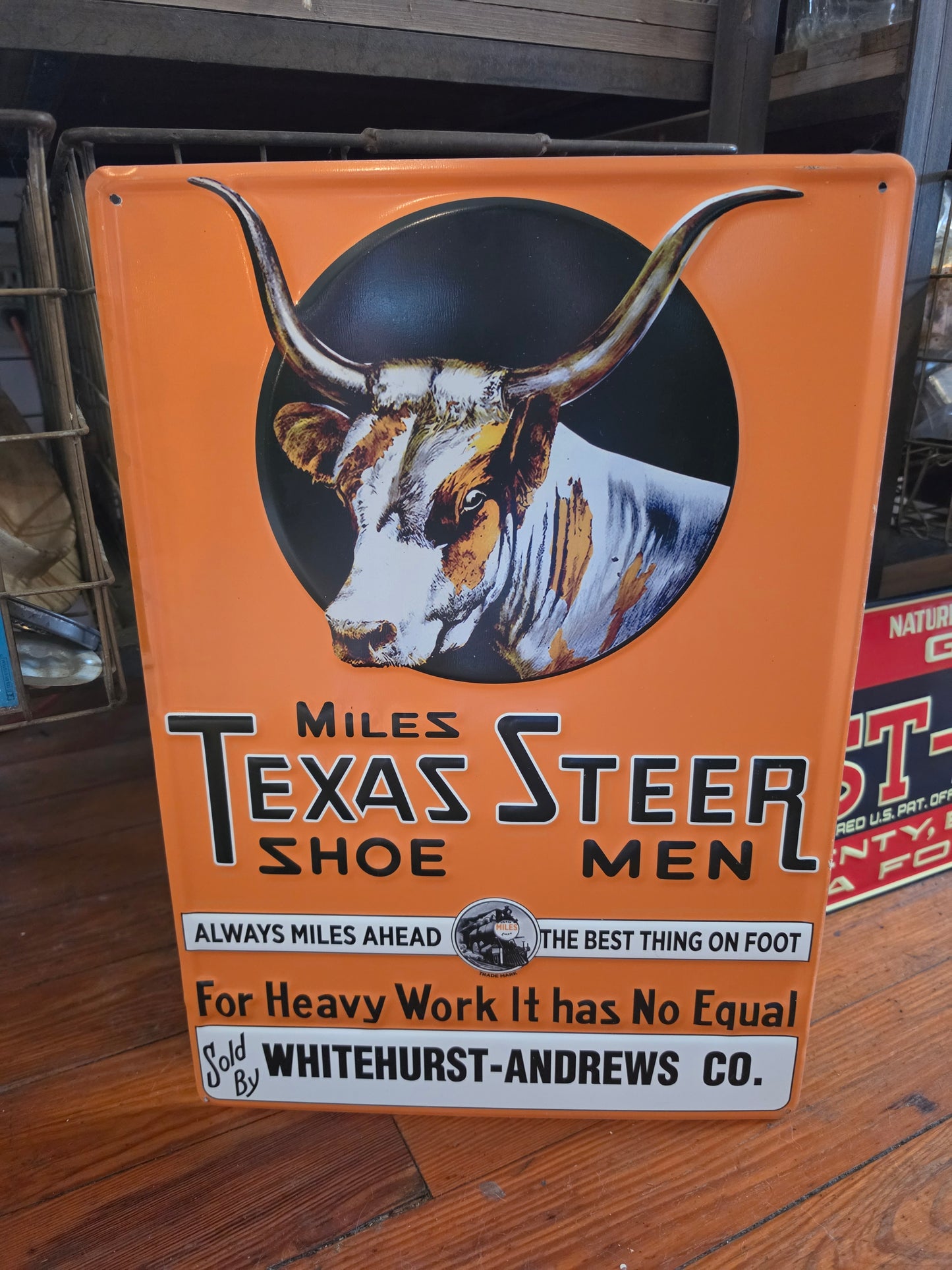 Texas Steer Shoe Men. Metal sign