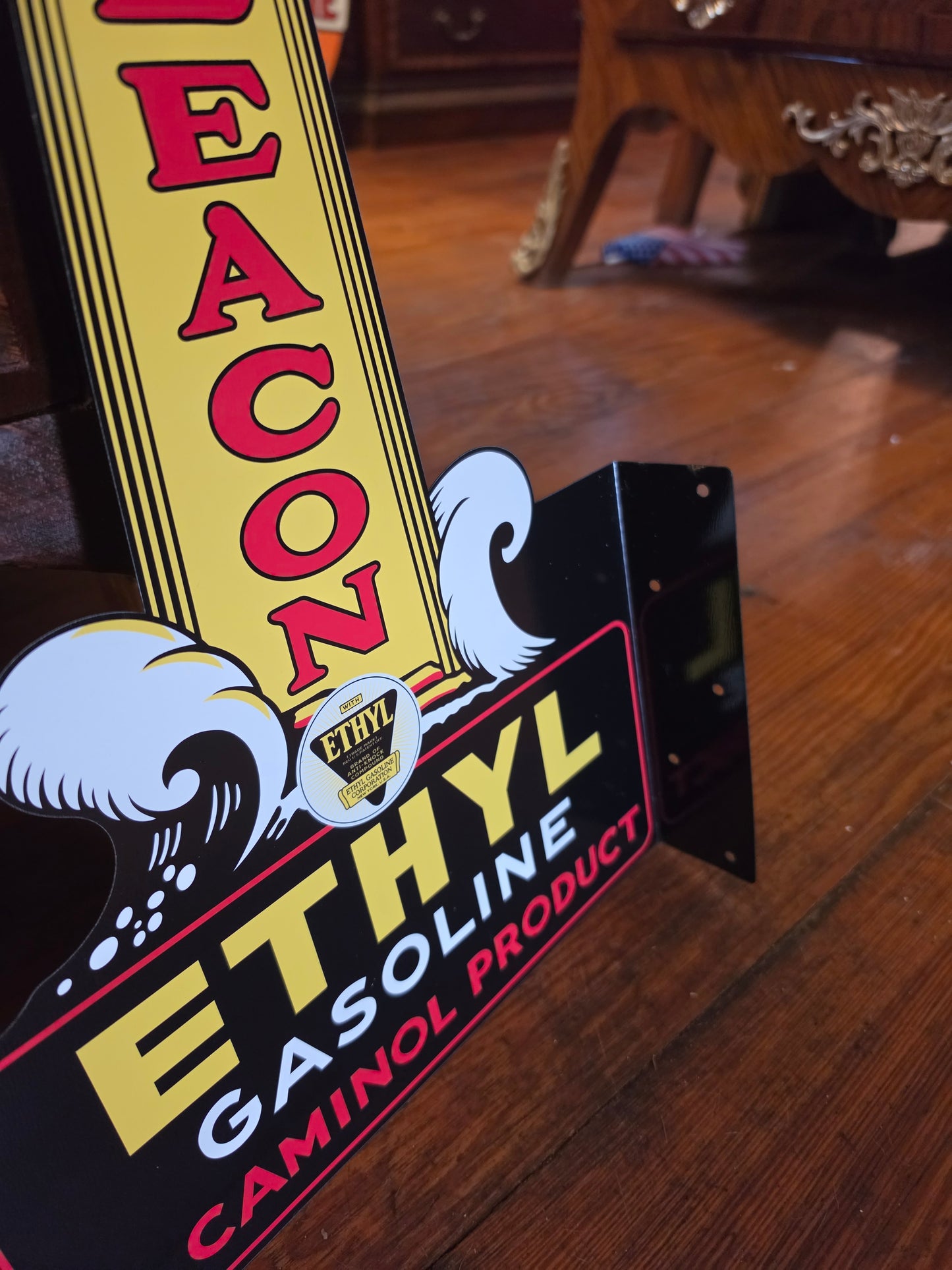 Beacon Ethyl Gasoline Lighthouse metal sign featuring a side mounting flange. Double sided. Made in the USA