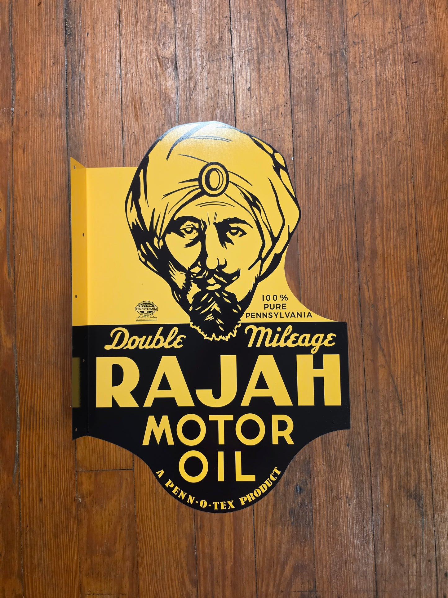 Rajah Motor Oil. Metal sign with mounting flange Double sided