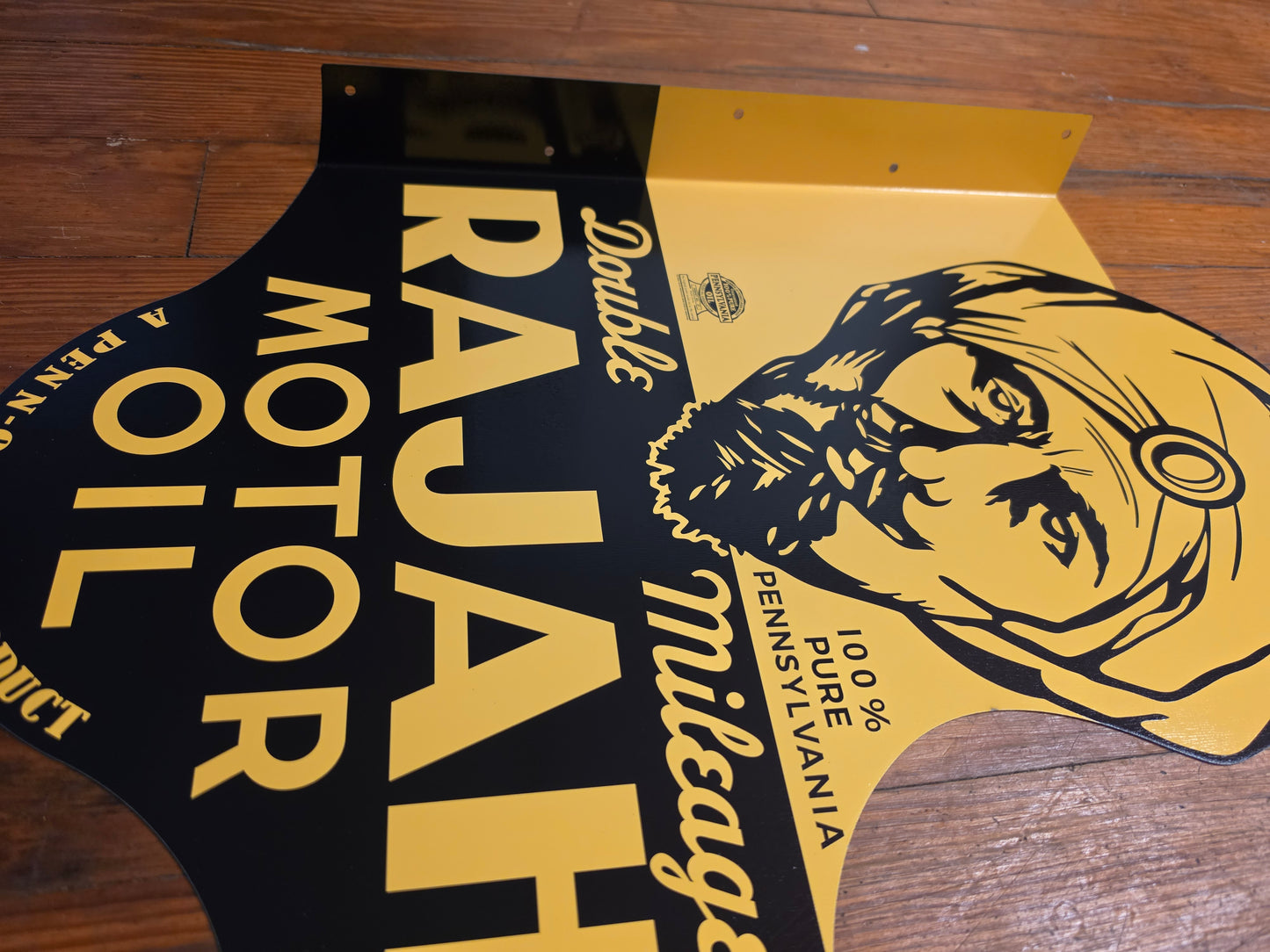 Rajah Motor Oil. Metal sign with mounting flange Double sided