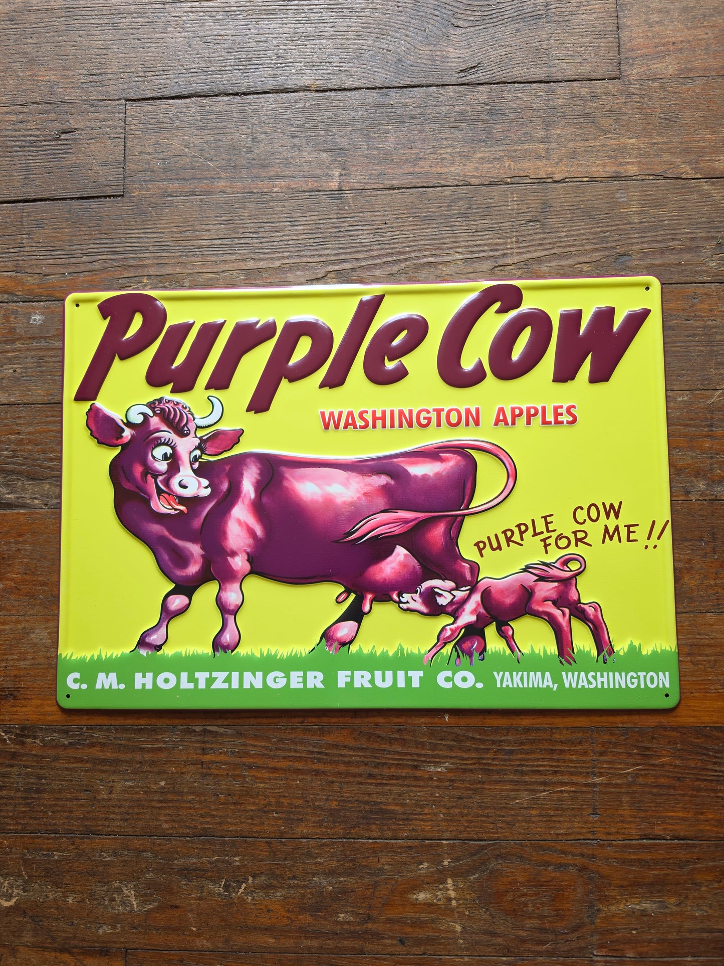 Purple Cow Washington Apples metal sign