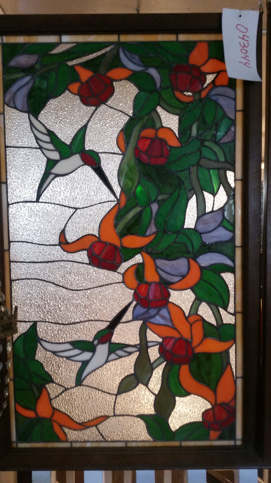 Glass Window Stained Leaded Wood Frame Hanging 2 Birds w/ Flowers-Jantiques LLC.