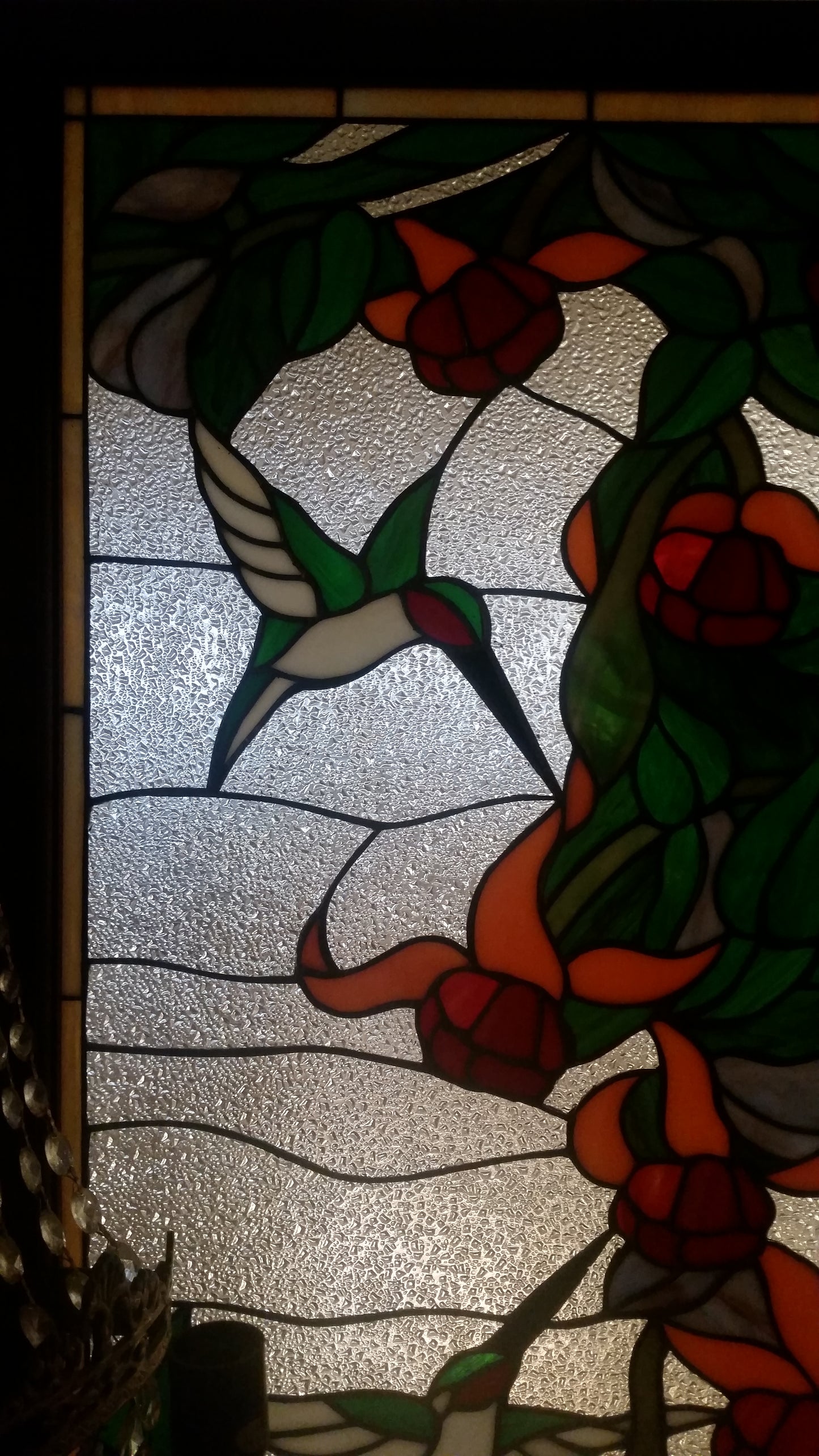 Glass Window Stained Leaded Wood Frame Hanging 2 Birds w/ Flowers-Jantiques LLC.