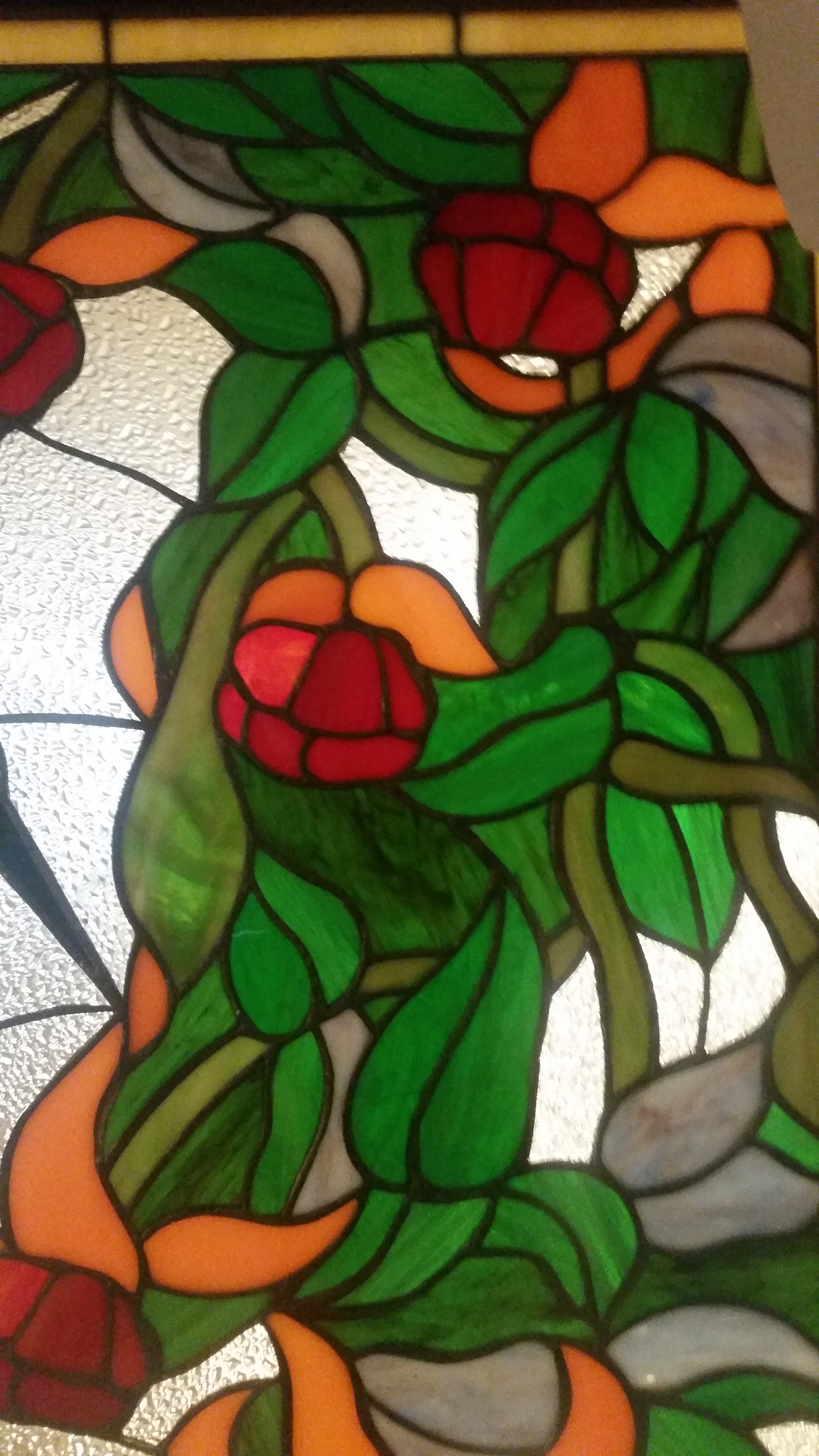 Glass Window Stained Leaded Wood Frame Hanging 2 Birds w/ Flowers-Jantiques LLC.