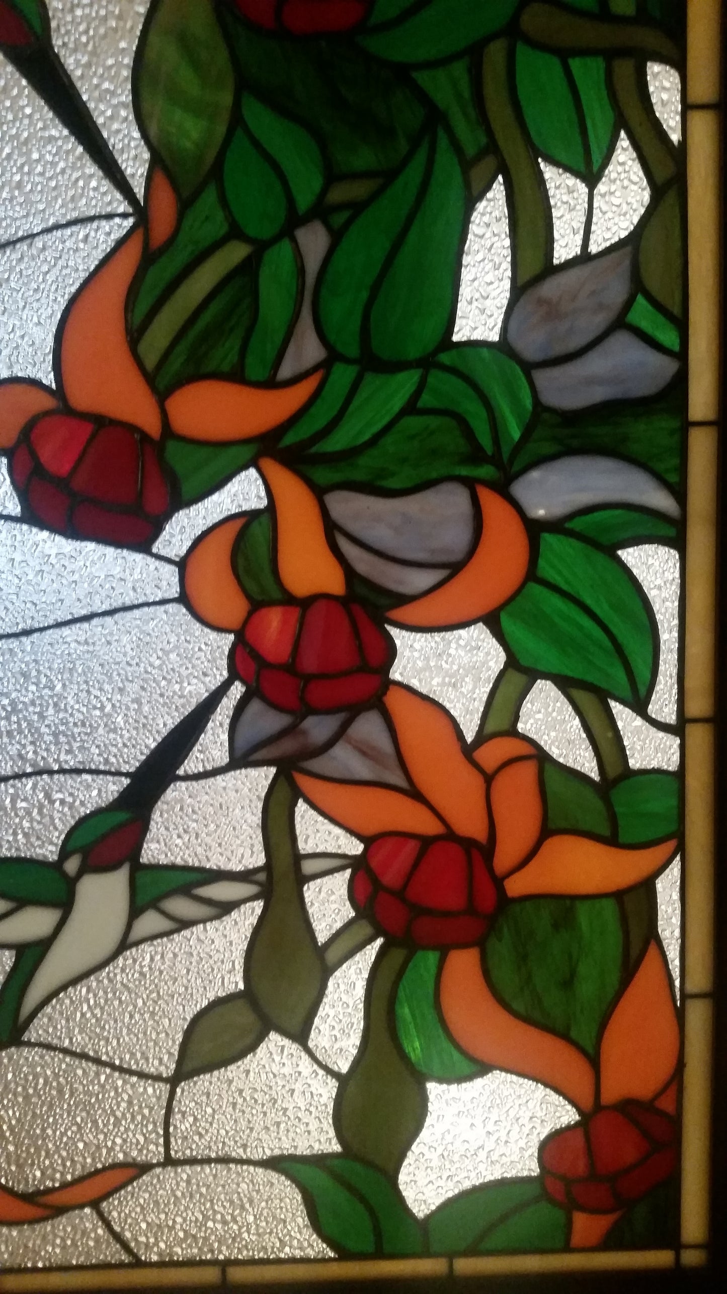 Glass Window Stained Leaded Wood Frame Hanging 2 Birds w/ Flowers-Jantiques LLC.