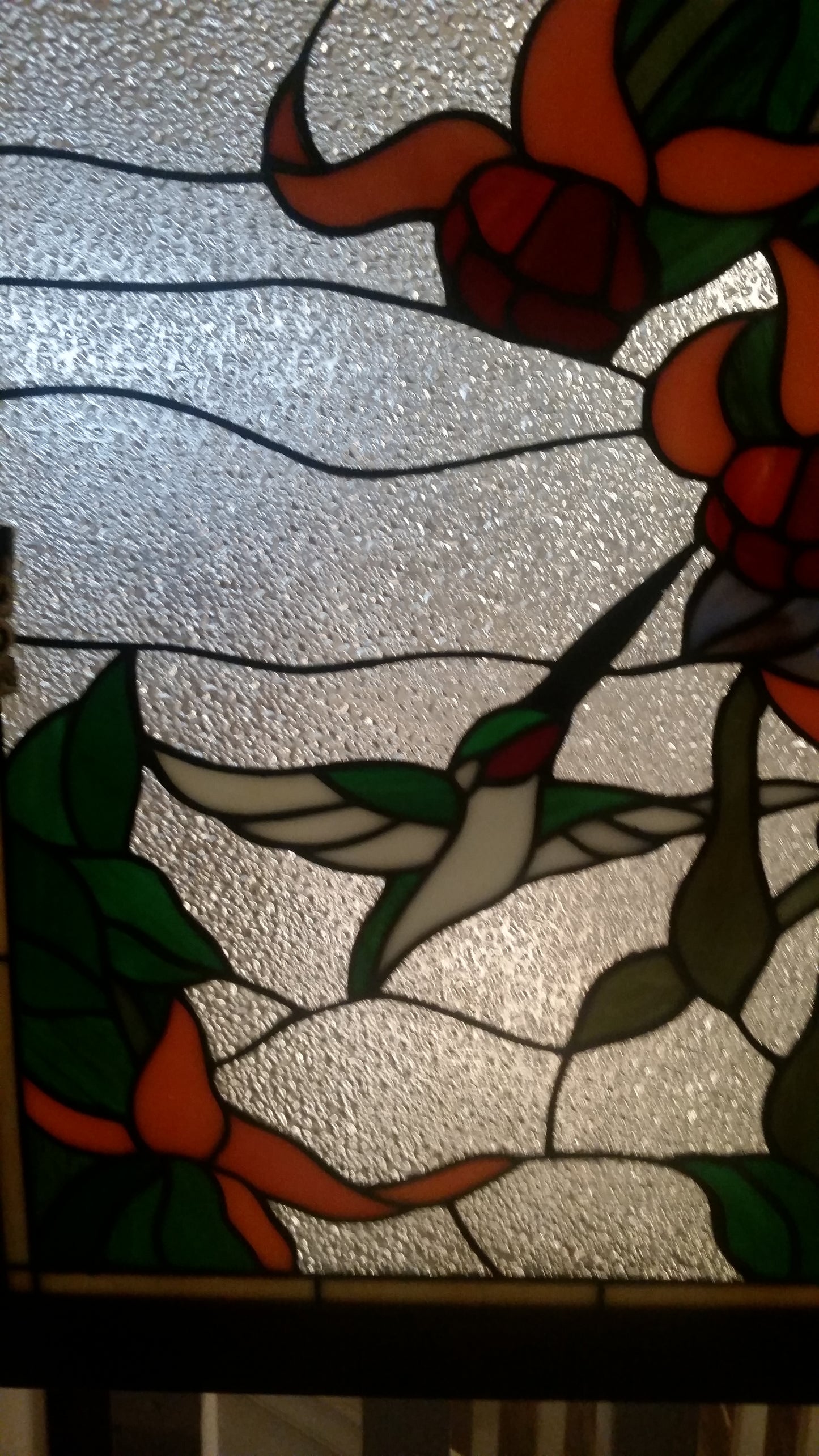 Glass Window Stained Leaded Wood Frame Hanging 2 Birds w/ Flowers-Jantiques LLC.