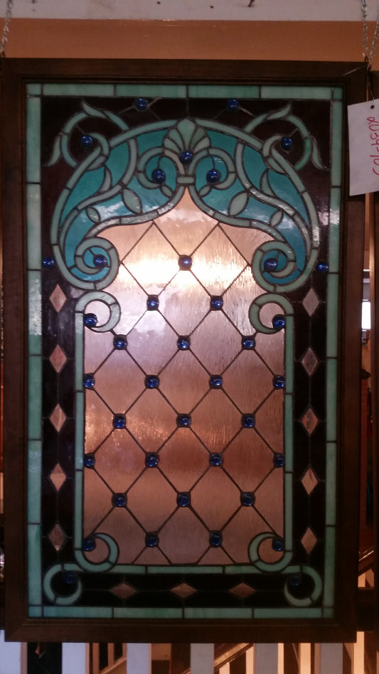 Glass Window - Stained Leaded Wood Frame w/ Blue Round Jewel Victorian Design-Jantiques LLC.