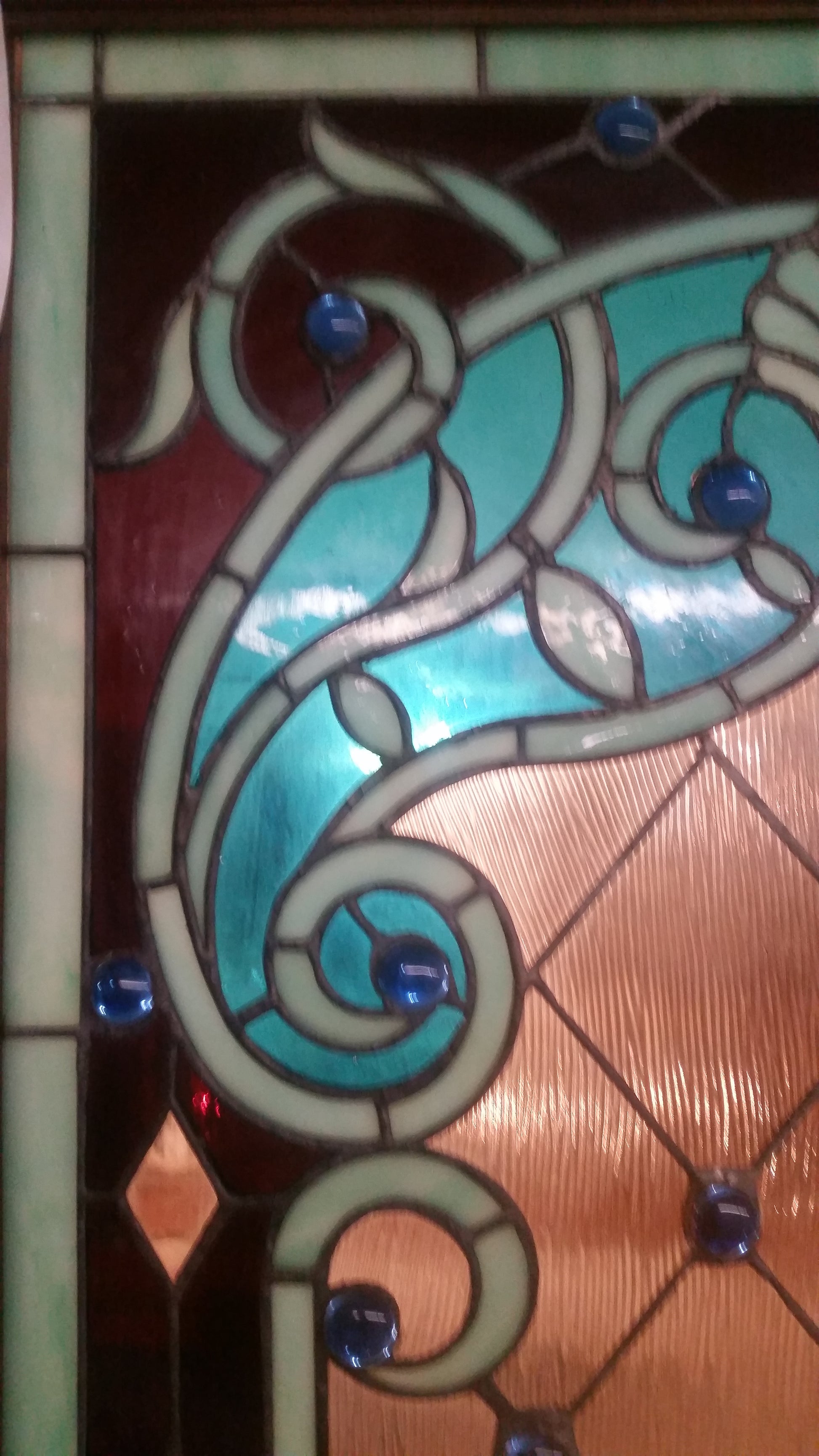 Glass Window - Stained Leaded Wood Frame w/ Blue Round Jewel Victorian Design-Jantiques LLC.