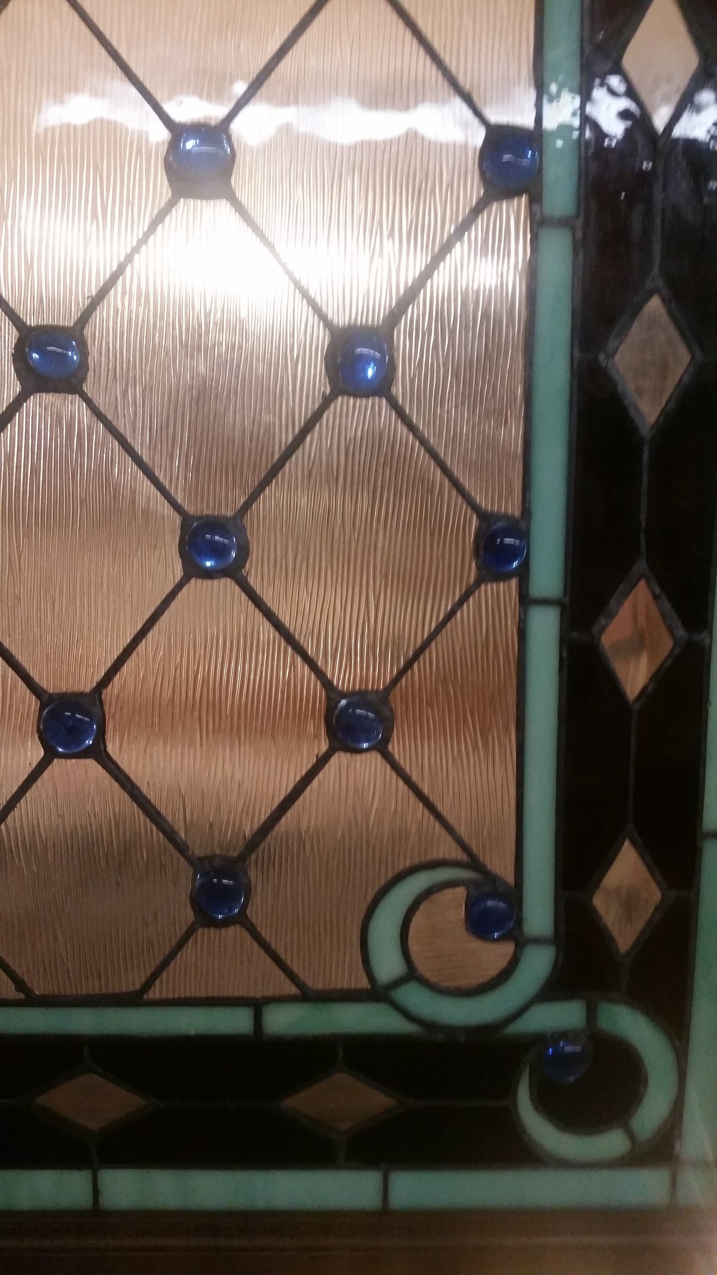 Glass Window - Stained Leaded Wood Frame w/ Blue Round Jewel Victorian Design-Jantiques LLC.