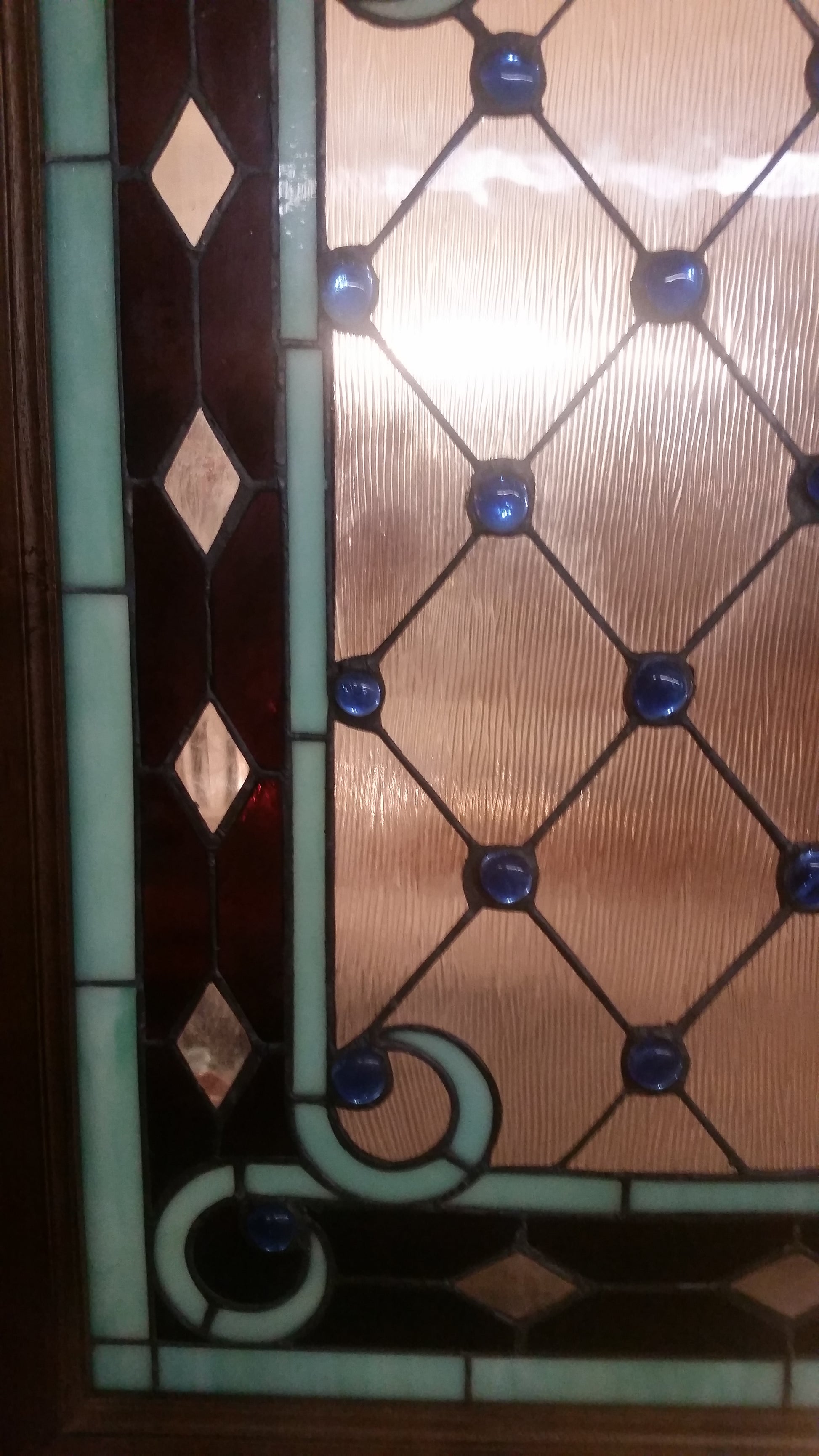 Glass Window - Stained Leaded Wood Frame w/ Blue Round Jewel Victorian Design-Jantiques LLC.