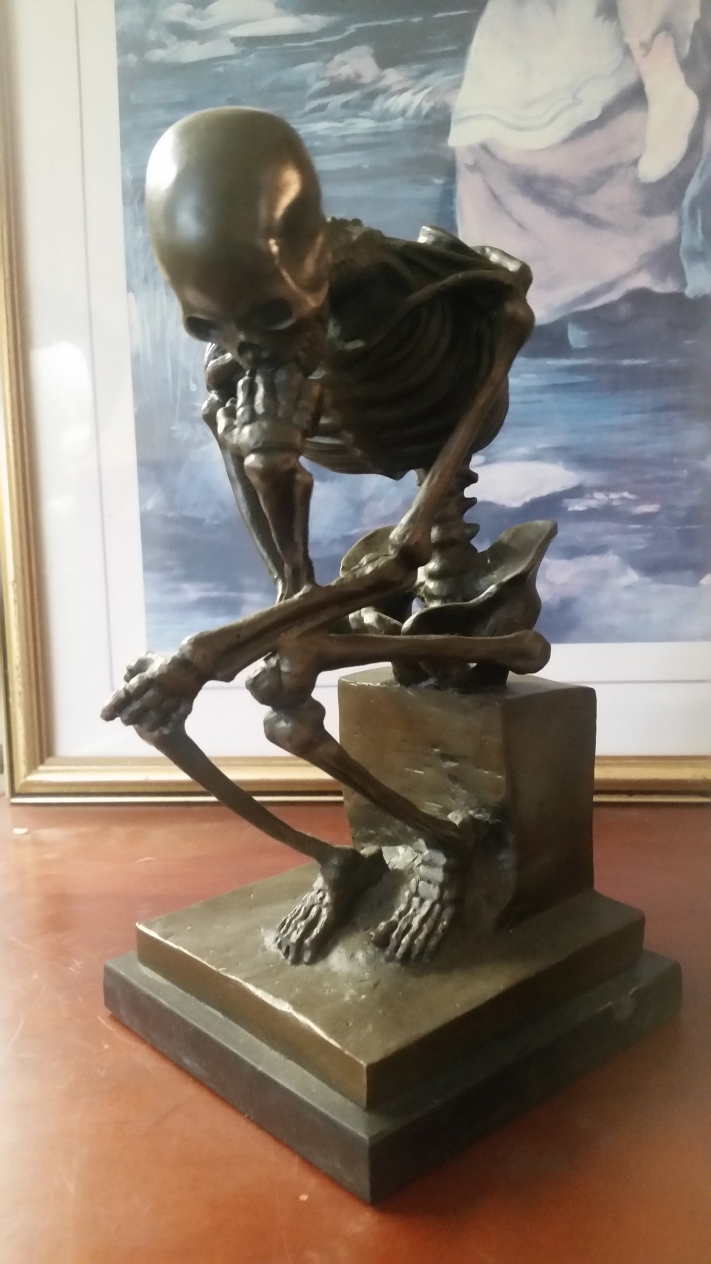 Bronze Figurine - Thinking Skeleton on Marble Base-Jantiques LLC.