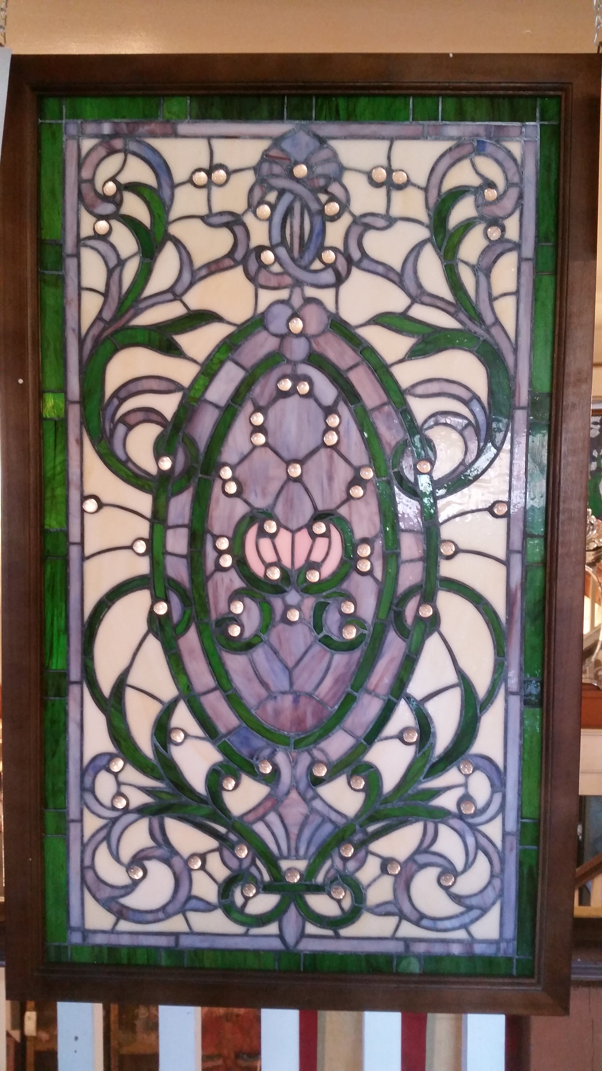 Glass Window - Stained Leaded Wood Frame Victorian w/ round Jewel and Green Border Design-Jantiques LLC.