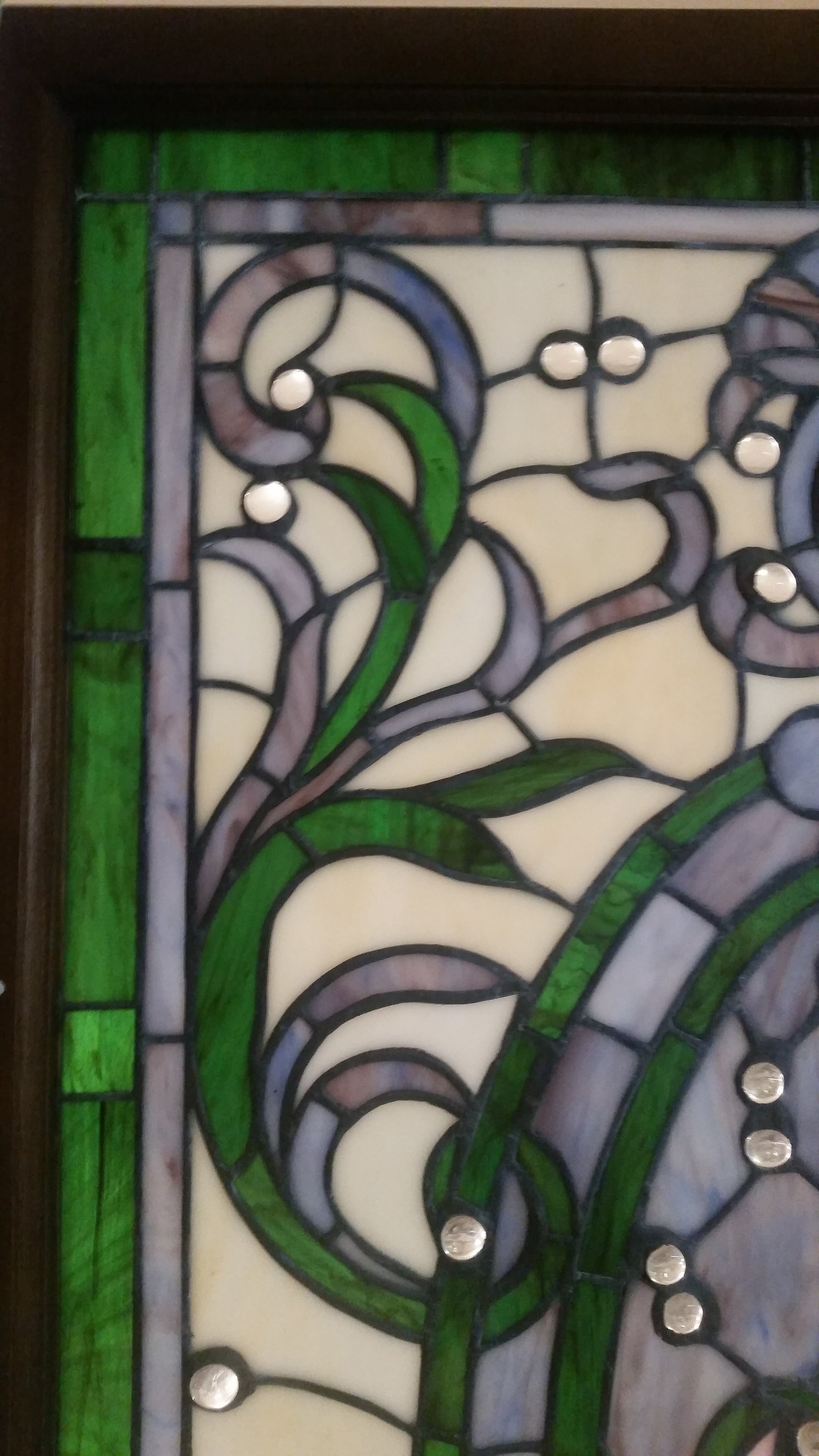 Glass Window - Stained Leaded Wood Frame Victorian w/ round Jewel and Green Border Design-Jantiques LLC.