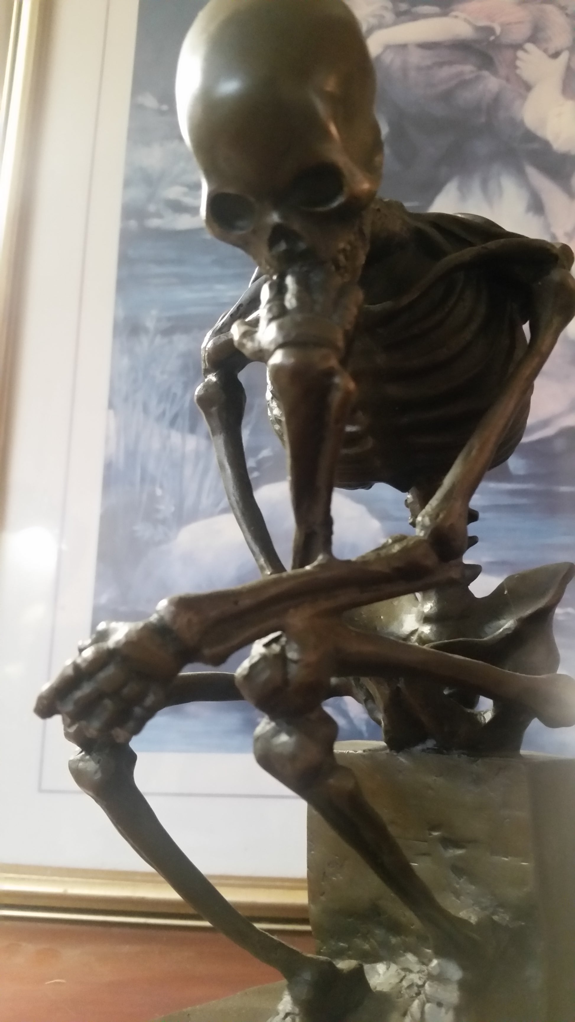 Bronze Figurine - Thinking Skeleton on Marble Base-Jantiques LLC.