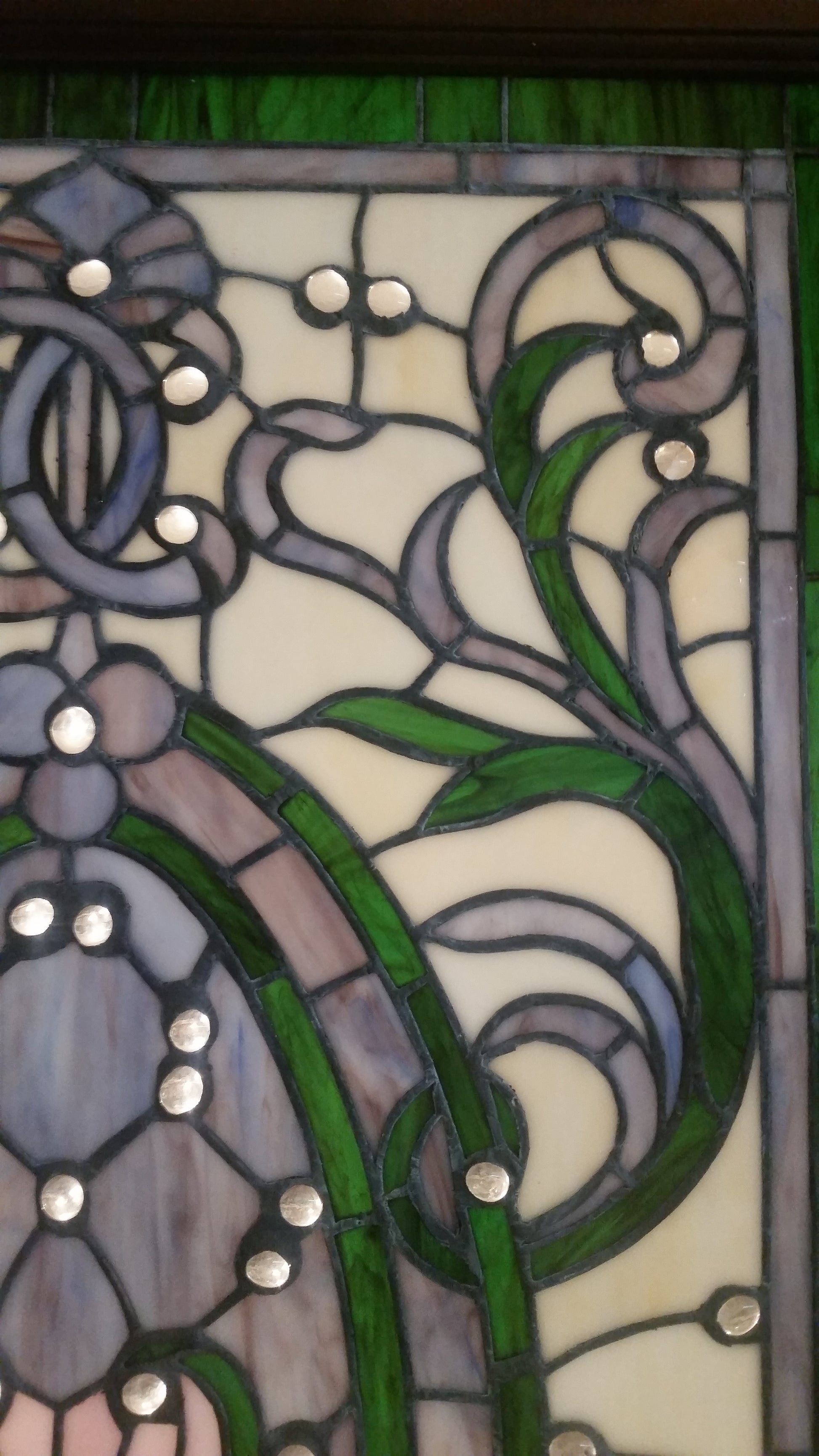 Glass Window - Stained Leaded Wood Frame Victorian w/ round Jewel and Green Border Design-Jantiques LLC.