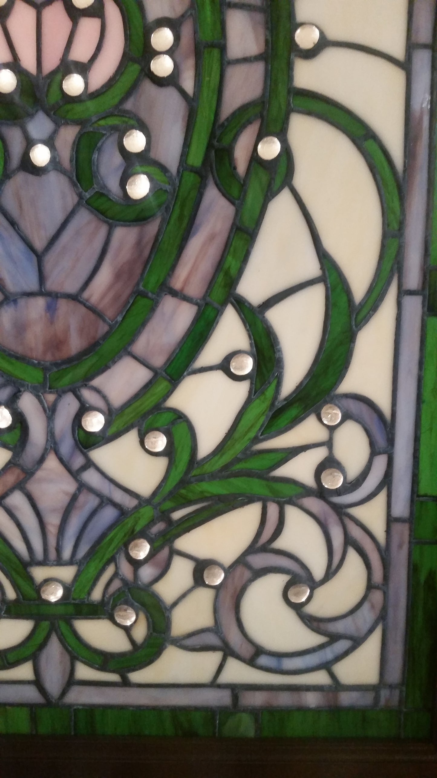 Glass Window - Stained Leaded Wood Frame Victorian w/ round Jewel and Green Border Design-Jantiques LLC.