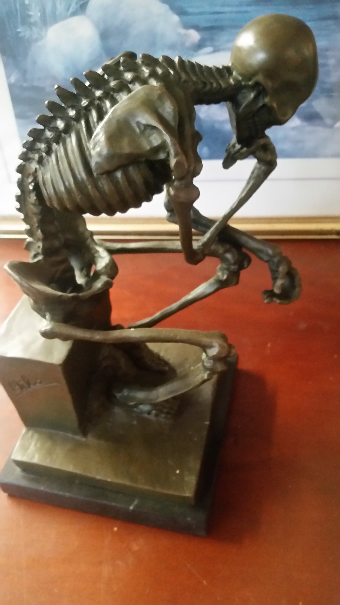 Bronze Figurine - Thinking Skeleton on Marble Base-Jantiques LLC.