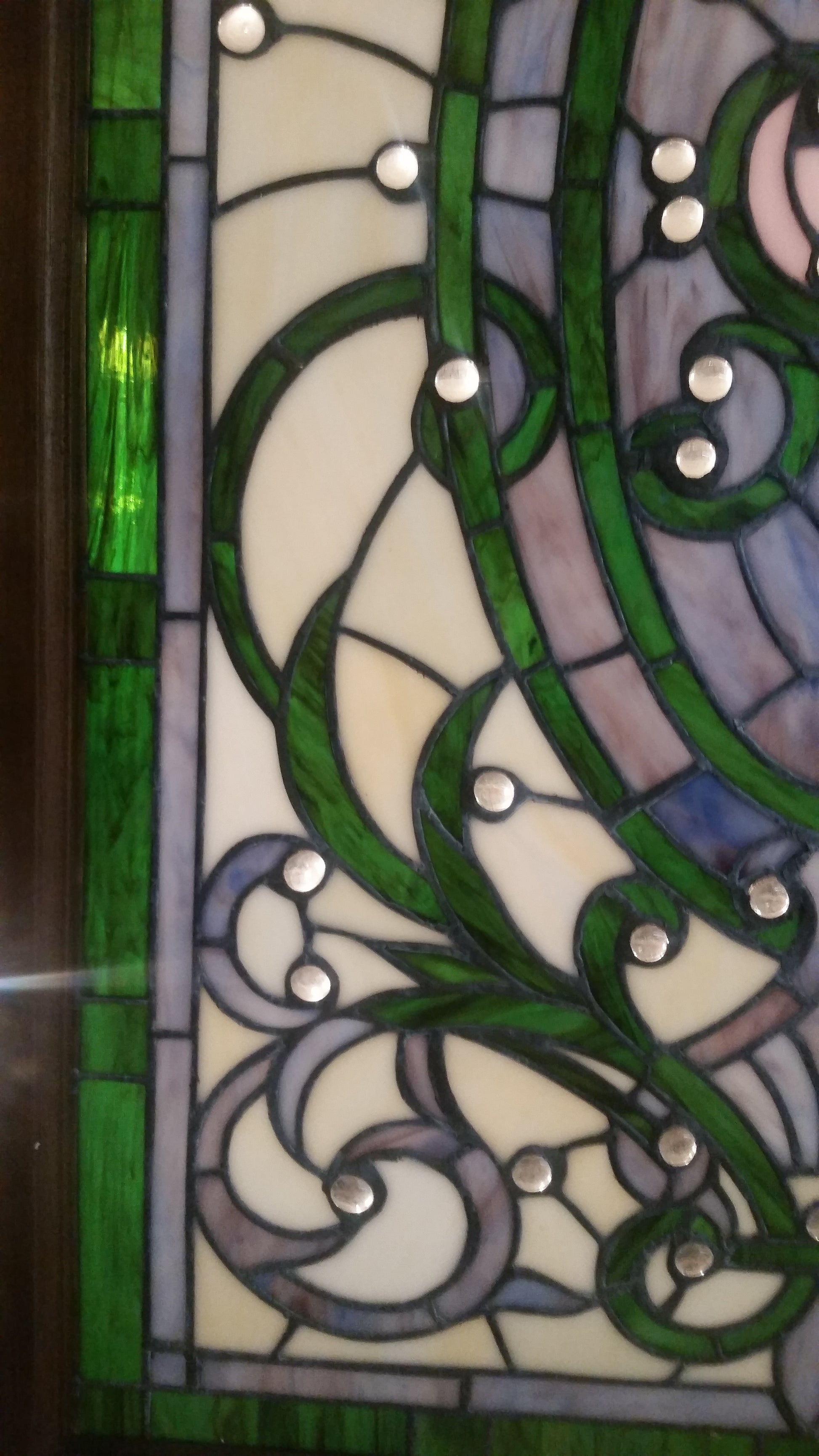 Glass Window - Stained Leaded Wood Frame Victorian w/ round Jewel and Green Border Design-Jantiques LLC.