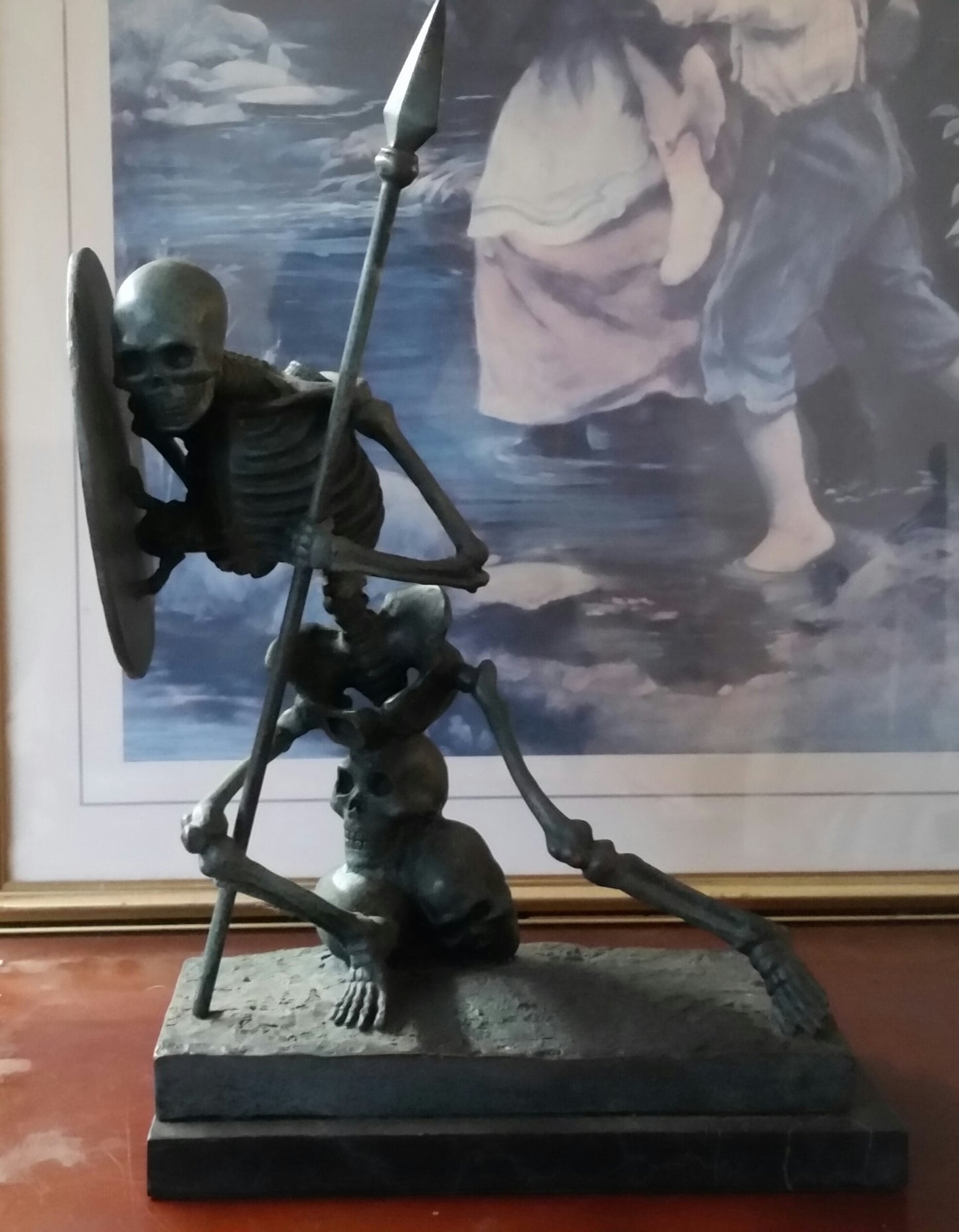 Bronze Figurine - Green Skeleton Warrior on Marble Base-Jantiques LLC.