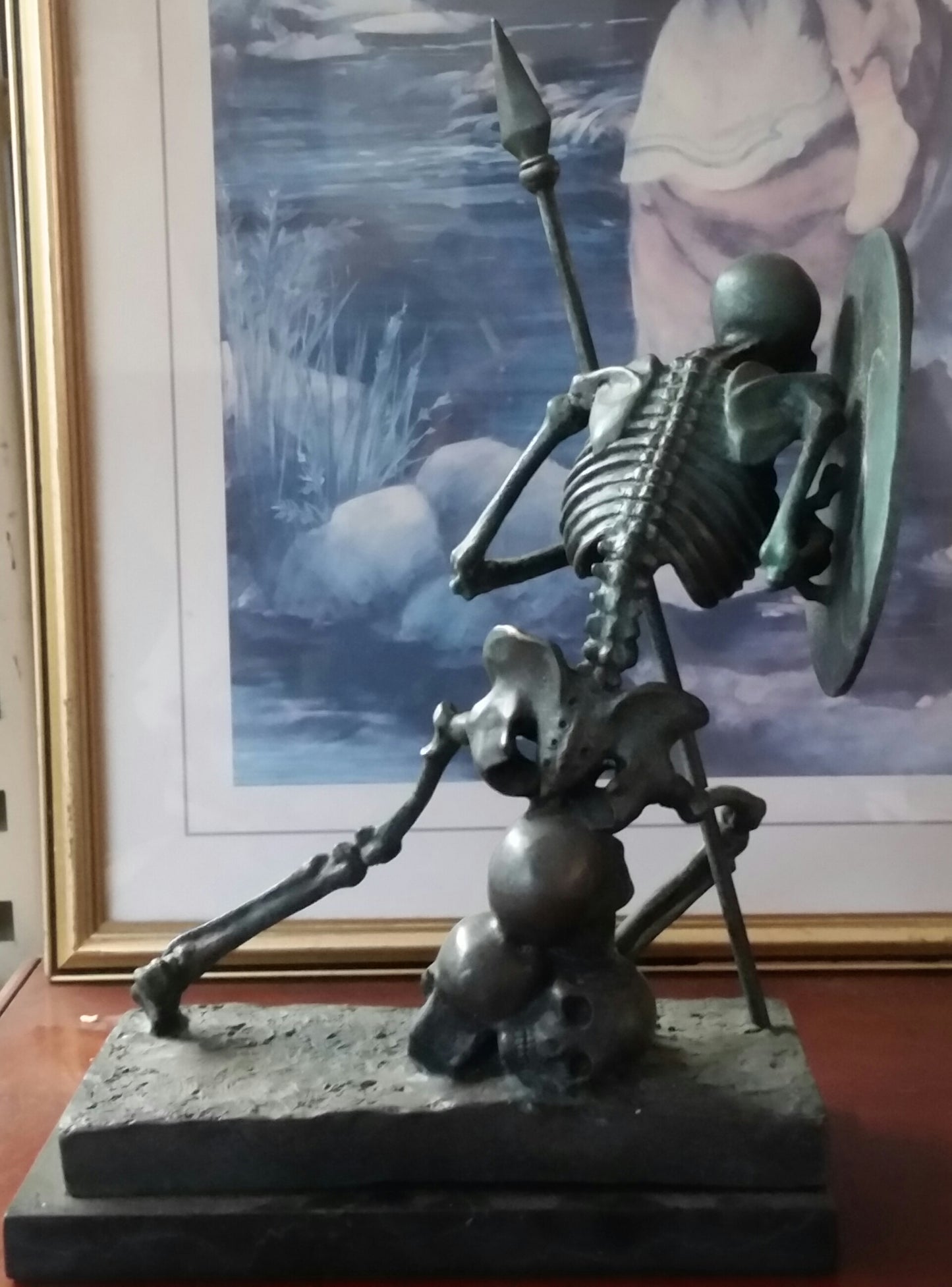 Bronze Figurine - Green Skeleton Warrior on Marble Base-Jantiques LLC.