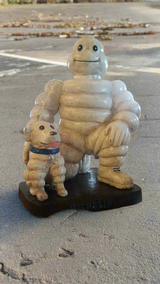 Michelin Figurine -Cast Iron Michelin Man Kneel w/ Michelin Dog-Jantiques LLC.