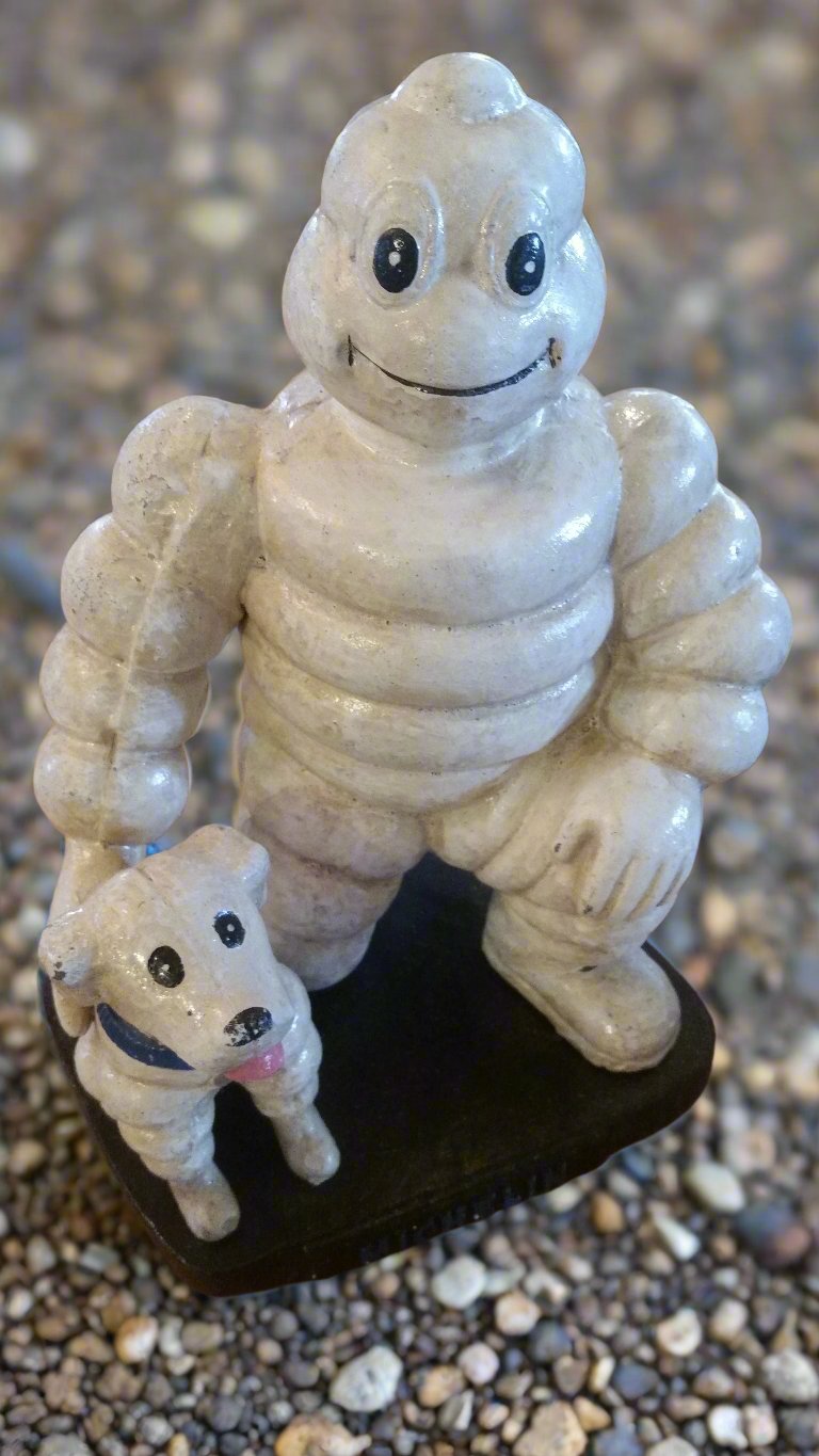 Michelin Figurine -Cast Iron Michelin Man Kneel w/ Michelin Dog-Jantiques LLC.