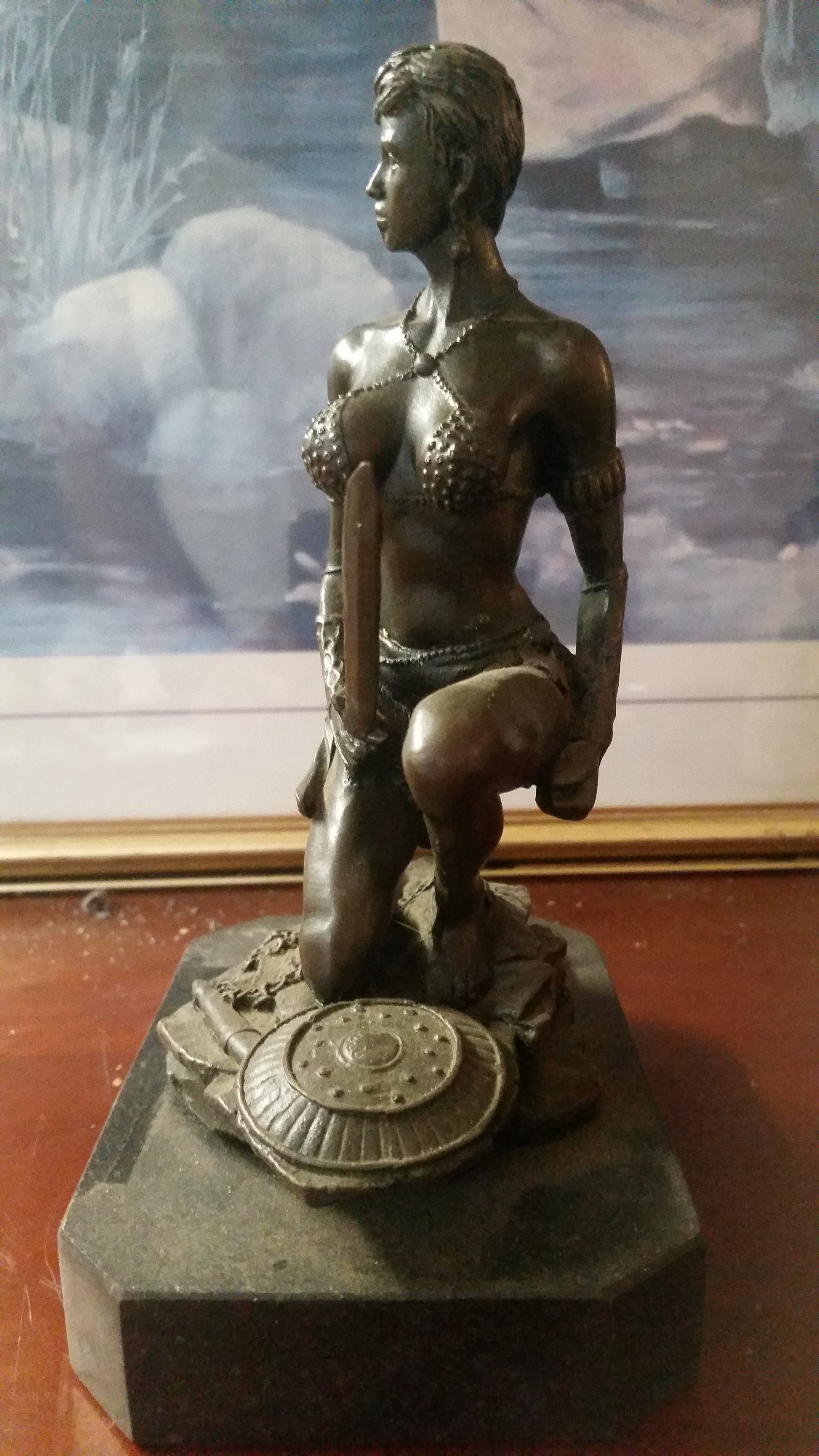 Bronze Figurine - Kneeling Female Warrior on Marble-Jantiques LLC.