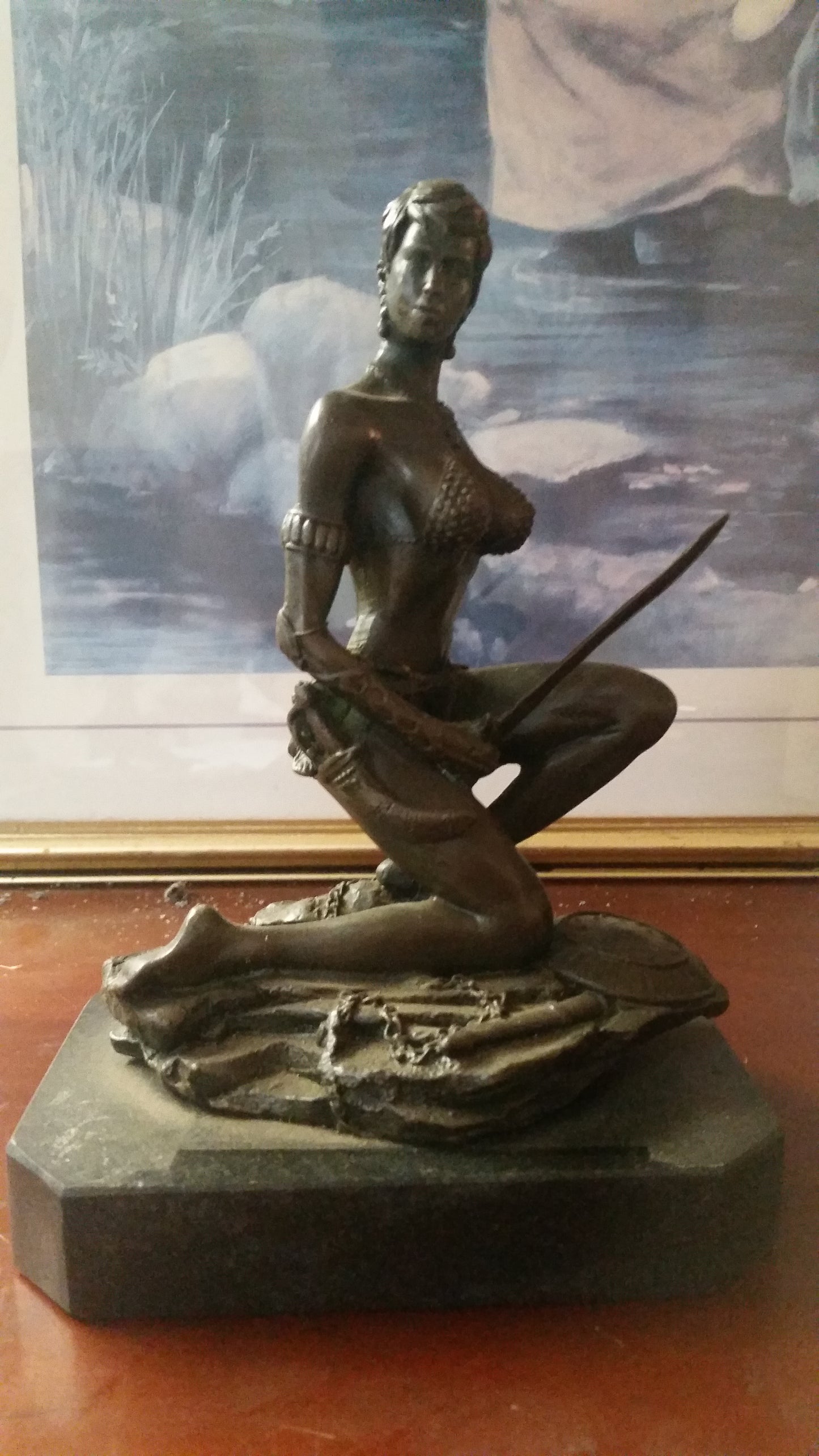 Bronze Figurine - Kneeling Female Warrior on Marble-Jantiques LLC.