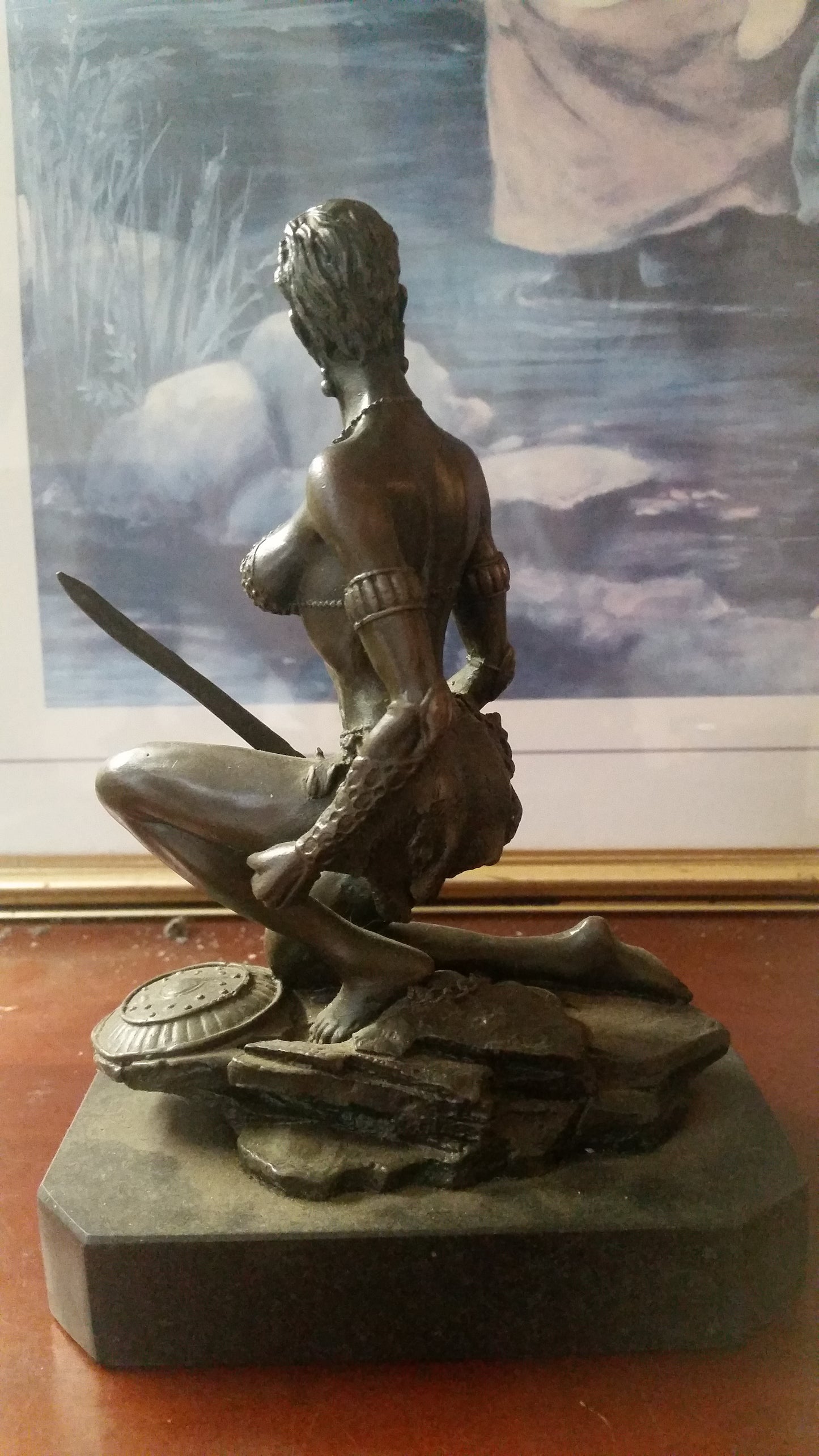 Bronze Figurine - Kneeling Female Warrior on Marble-Jantiques LLC.