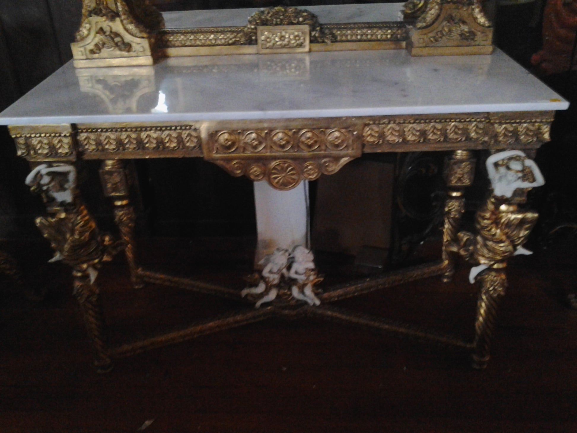 Louis XV Mirror - Console Marble Top Cherubs Playing Musical Instruments Dance-Jantiques LLC.