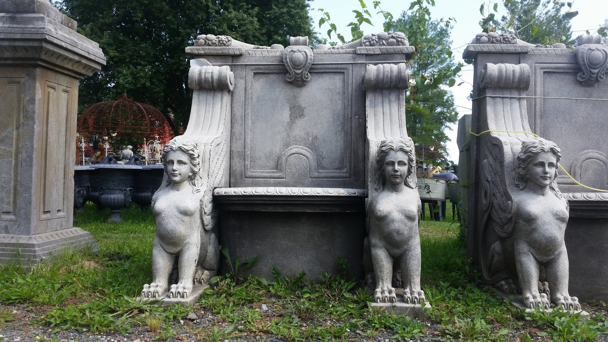 Garden Chair - Pair Stone Dust Hand Carved Set Lady sphinx French Empire Style-Jantiques LLC.