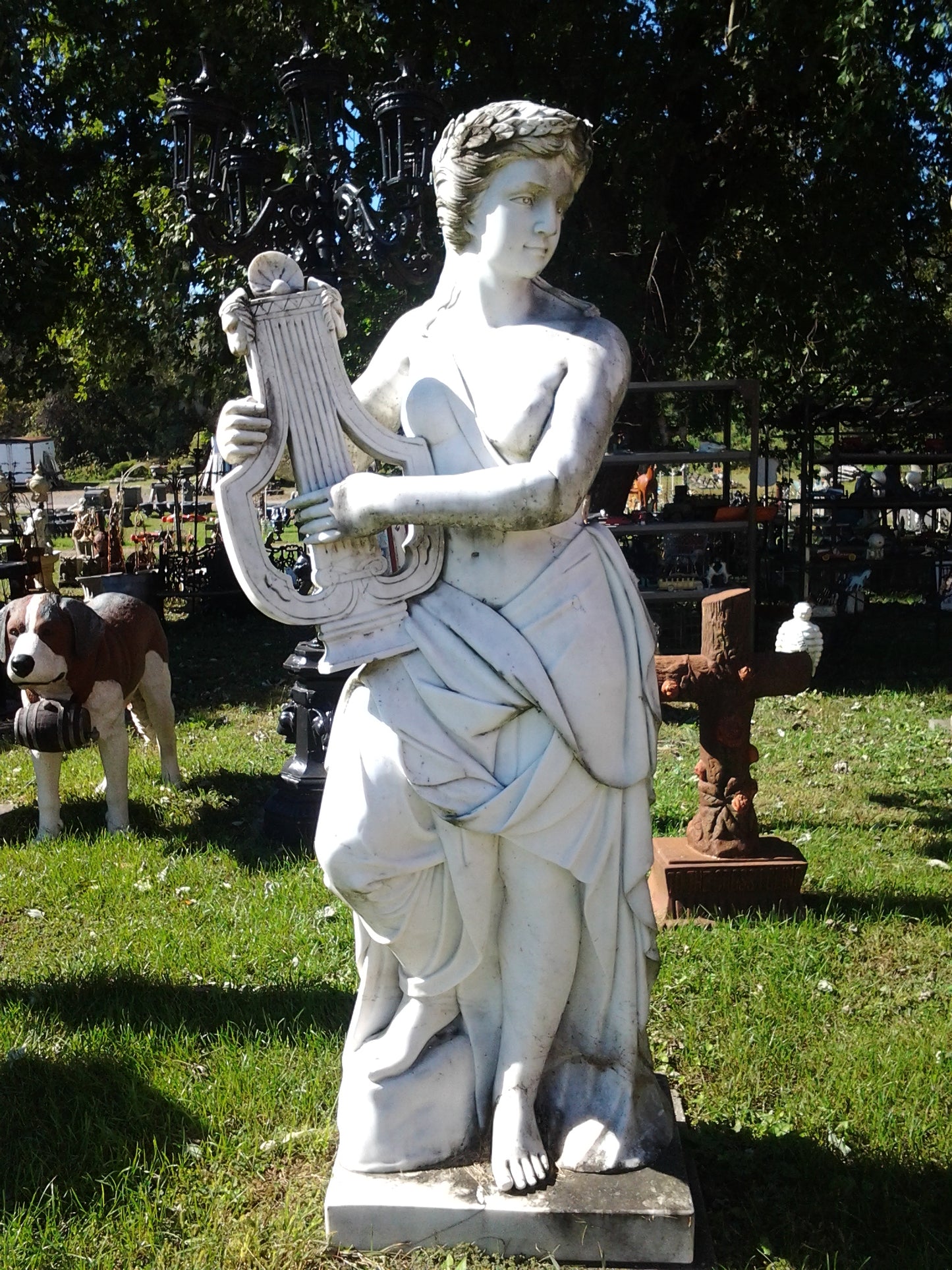 Marble Statue - Lady Play Harp Statue-Jantiques LLC.