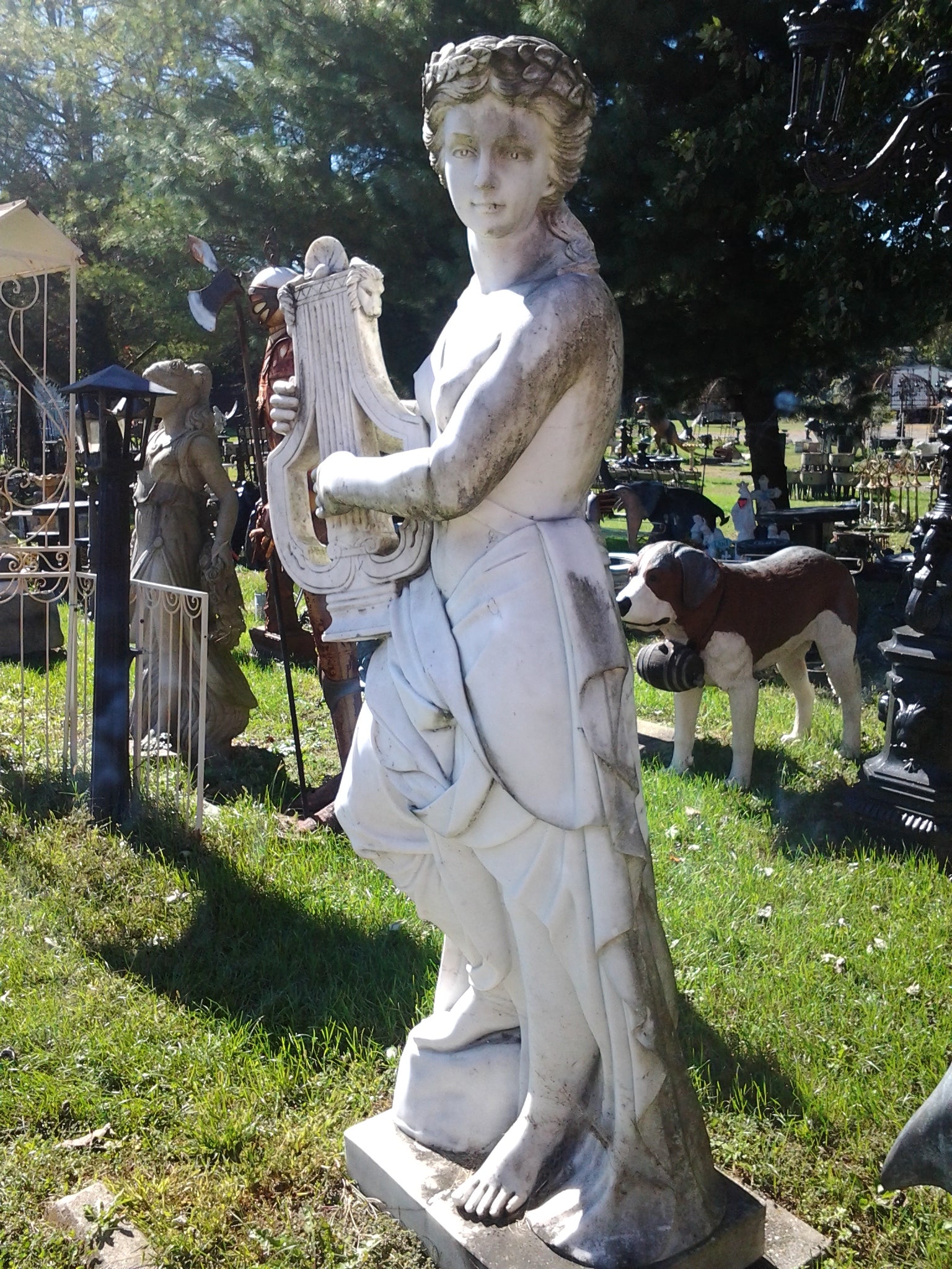 Marble Statue - Lady Play Harp Statue-Jantiques LLC.