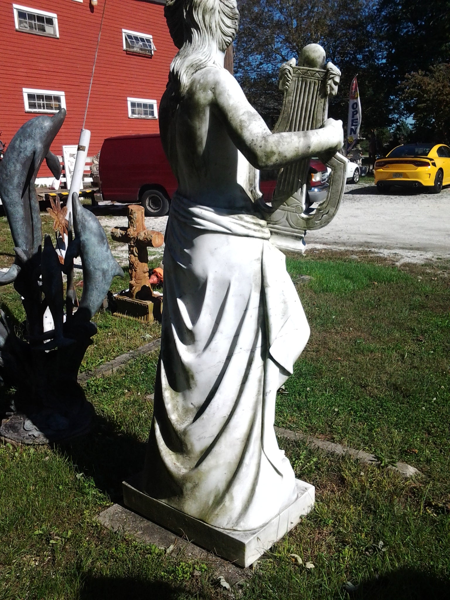 Marble Statue - Lady Play Harp Statue-Jantiques LLC.