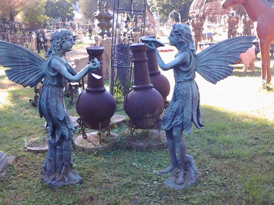 Cast Iron Statue - Pair of Green Pixie Fairy-Jantiques LLC.